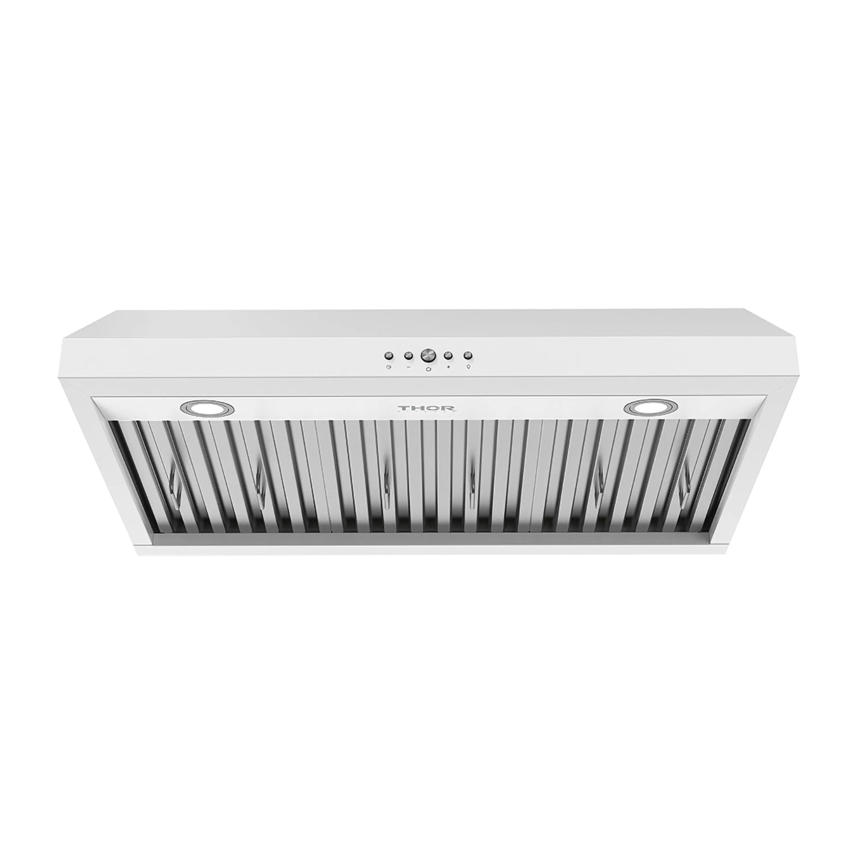 White range hood front panel with vent grille, THOR logo, and round lights