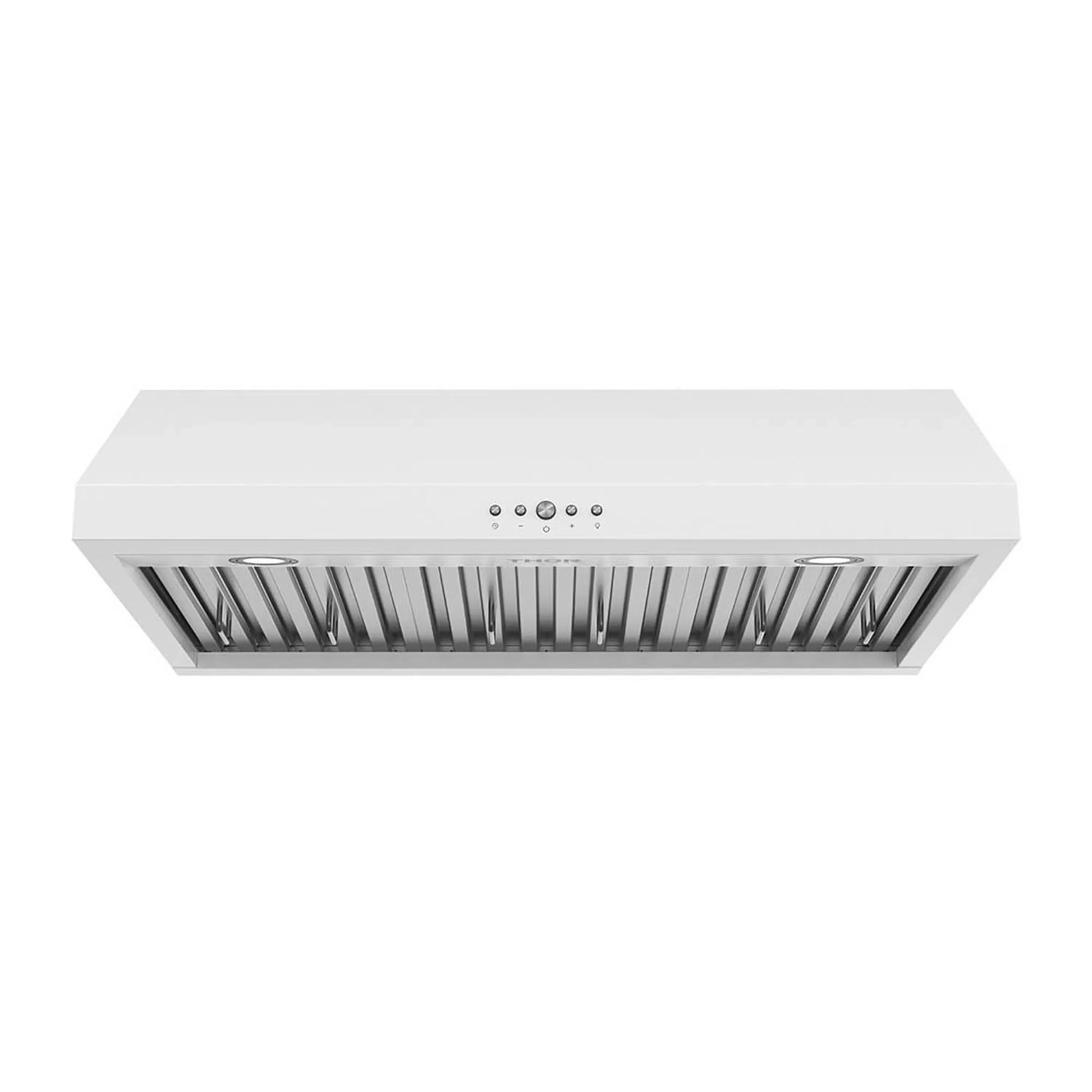 White under-cabinet range hood with stainless vent grille and control buttons