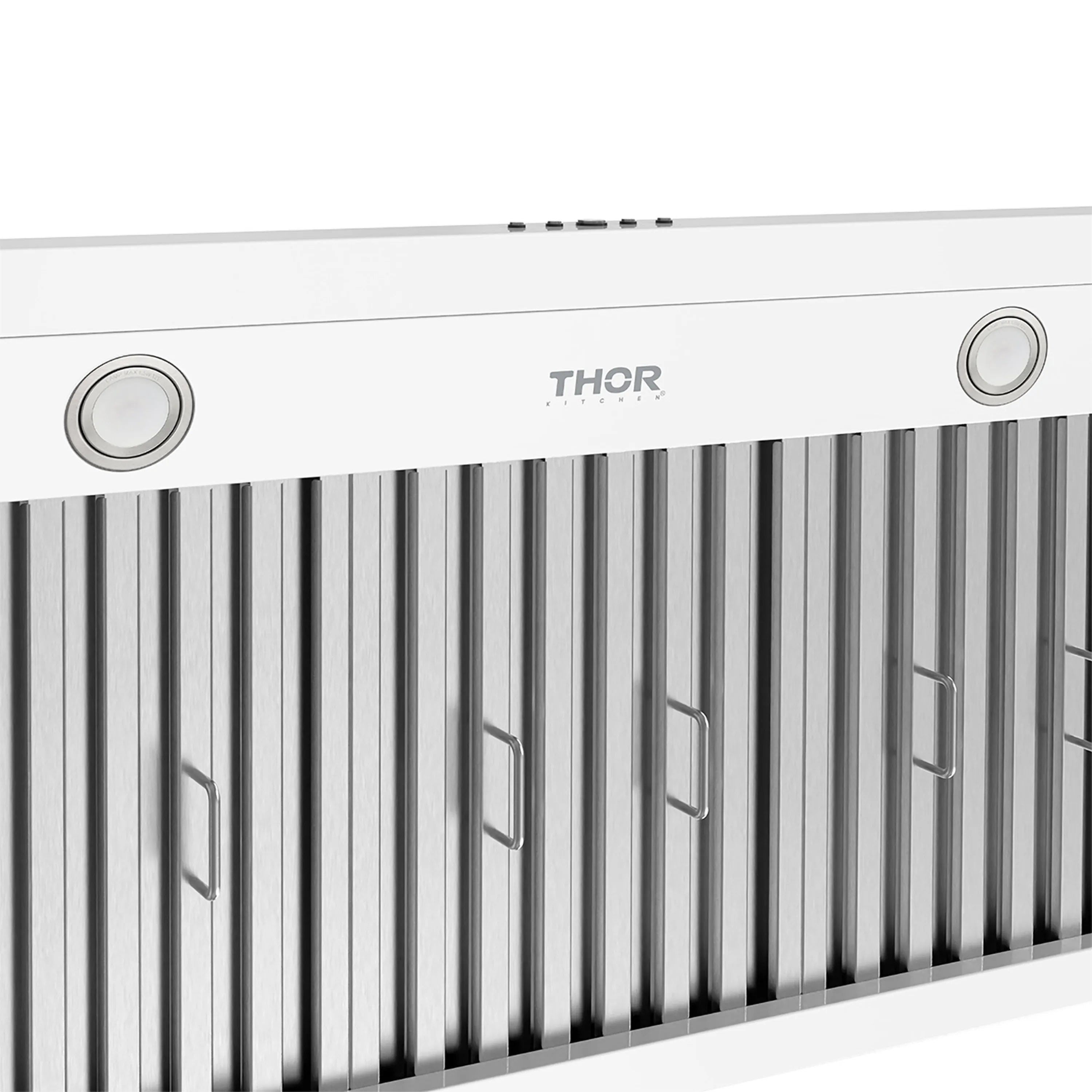 THOR-branded vent grille and baffle filter bars on a white range hood