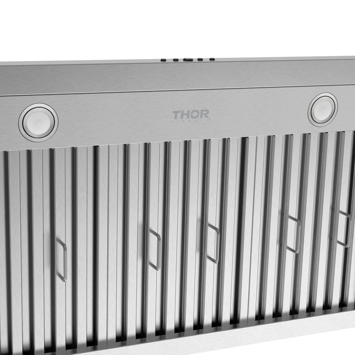 Under-mount range hood front fascia with THOR logo and two circular controls