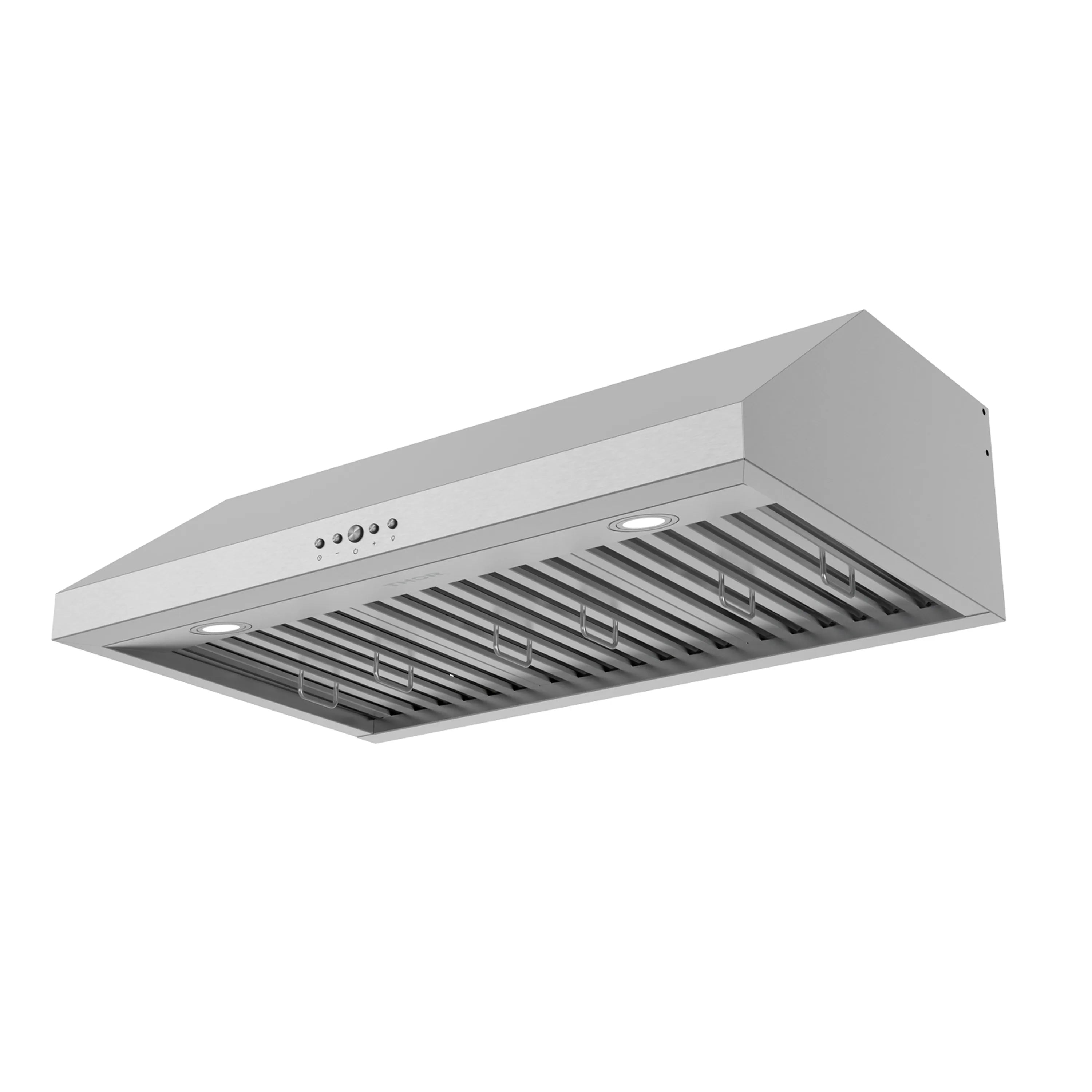 Under-mount range hood underside angled view with two LED lights and baffles