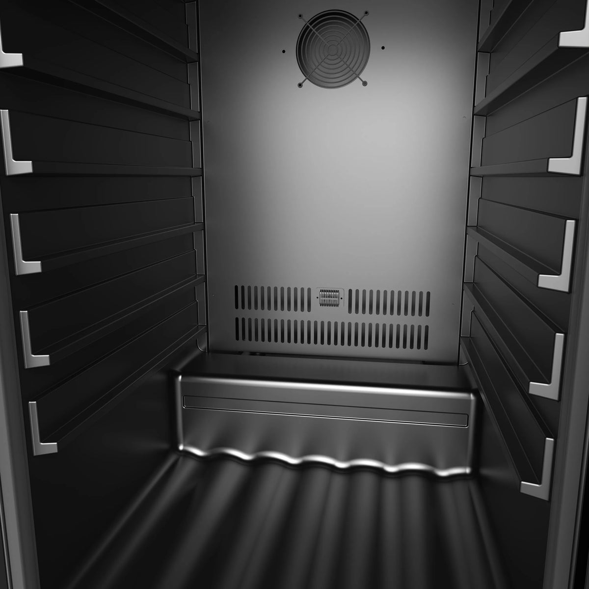 Wine cooler interior view with vent grille and curved door-liner detail