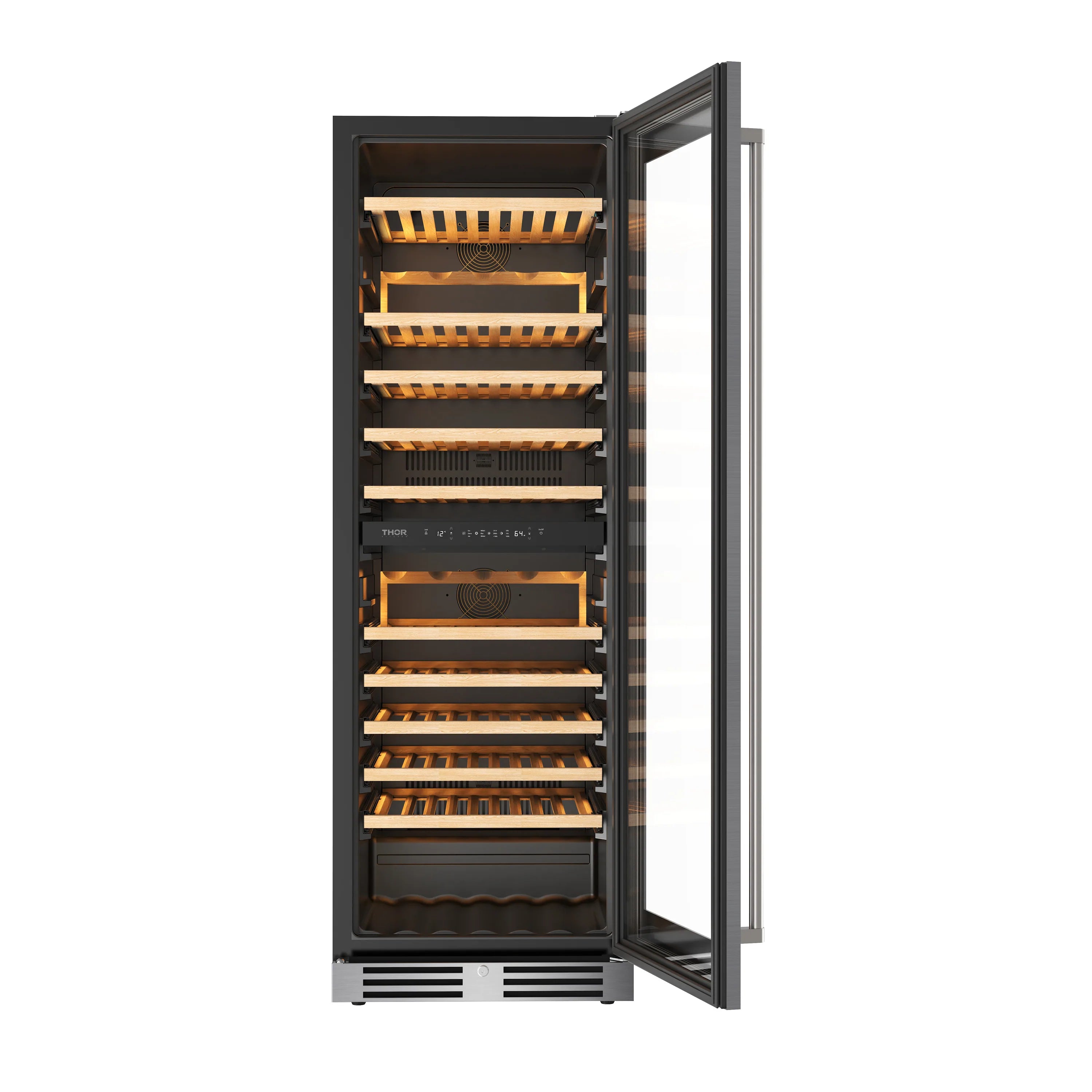 Dual-zone wine cooler with open door, warm-lit interior and wooden bottle shelves