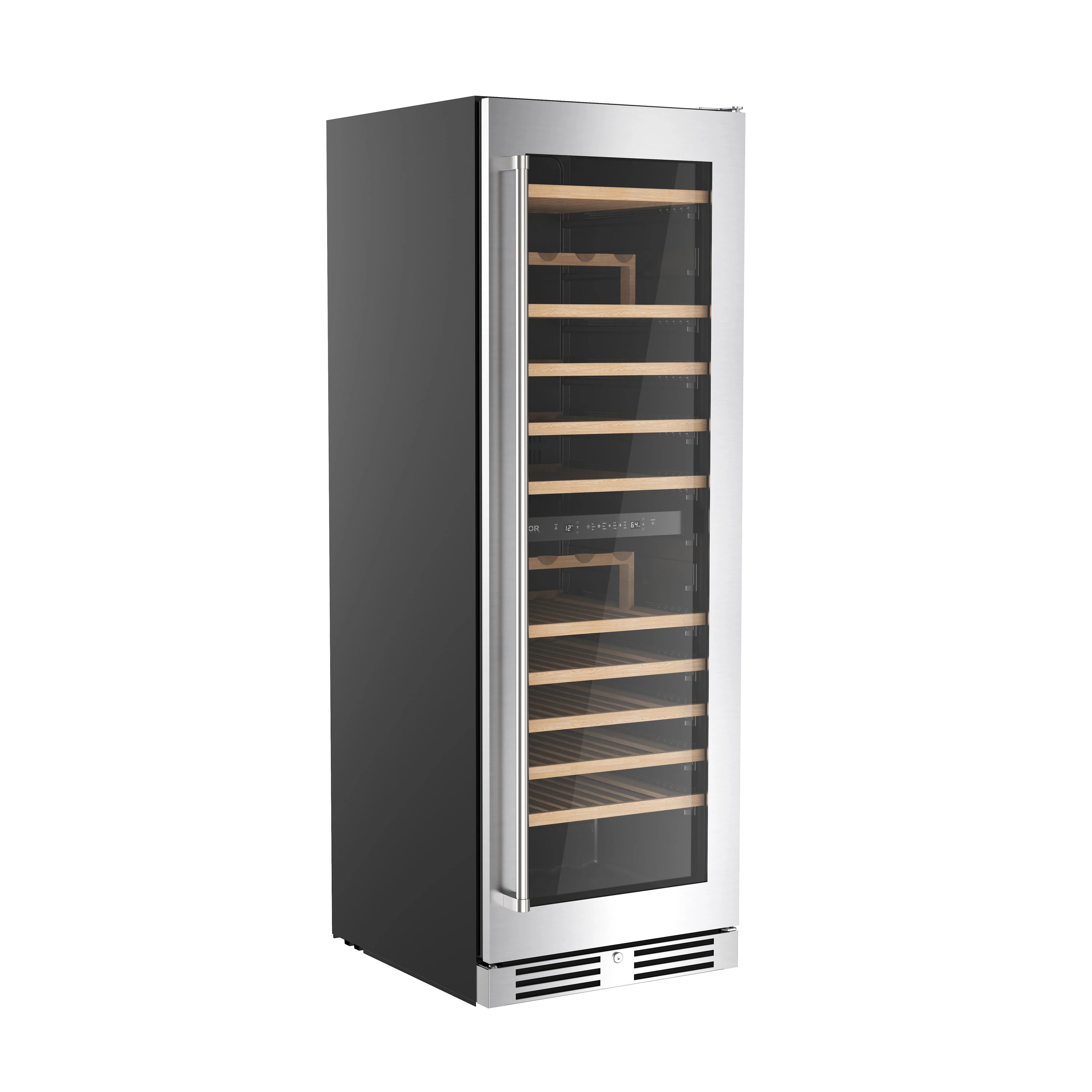Freestanding wine cooler with glass door, stainless sides, and wooden bottle racks