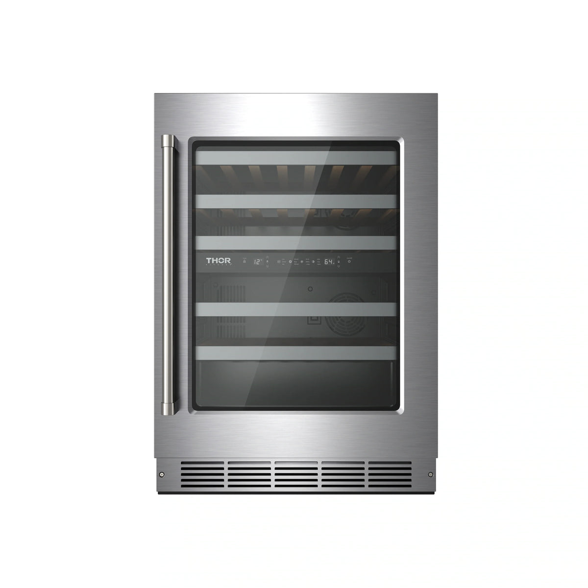 Stainless wine cooler with glass door and internal wire shelves