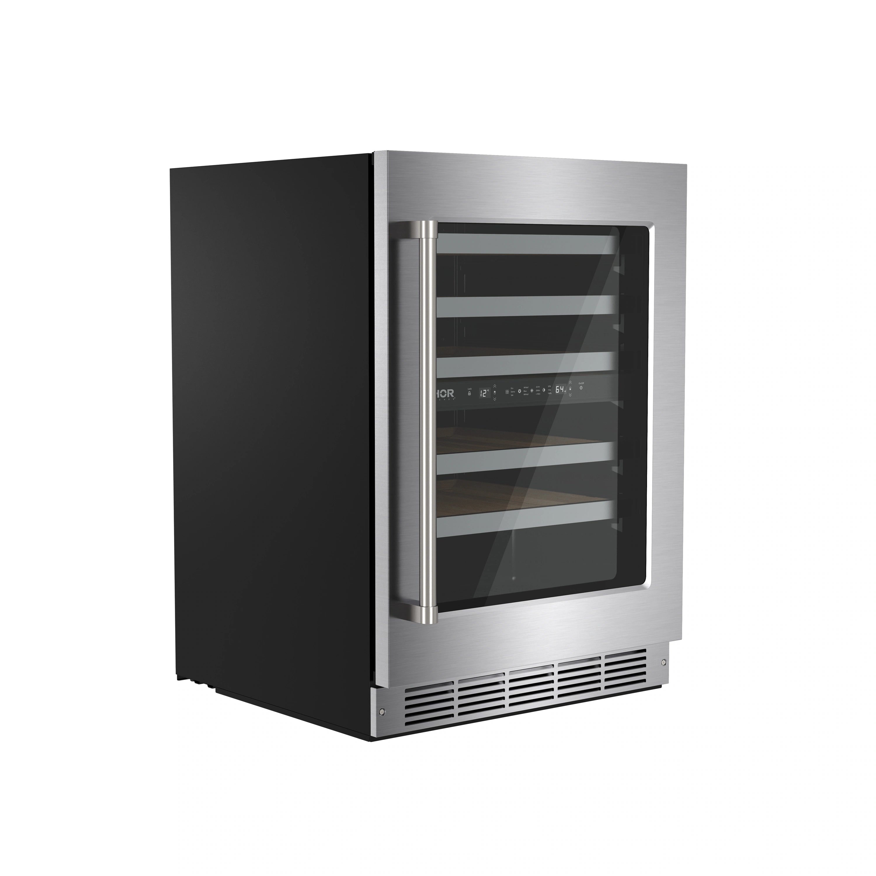 Dual zone wine cooler with black door, stainless frame, and glass viewing window.