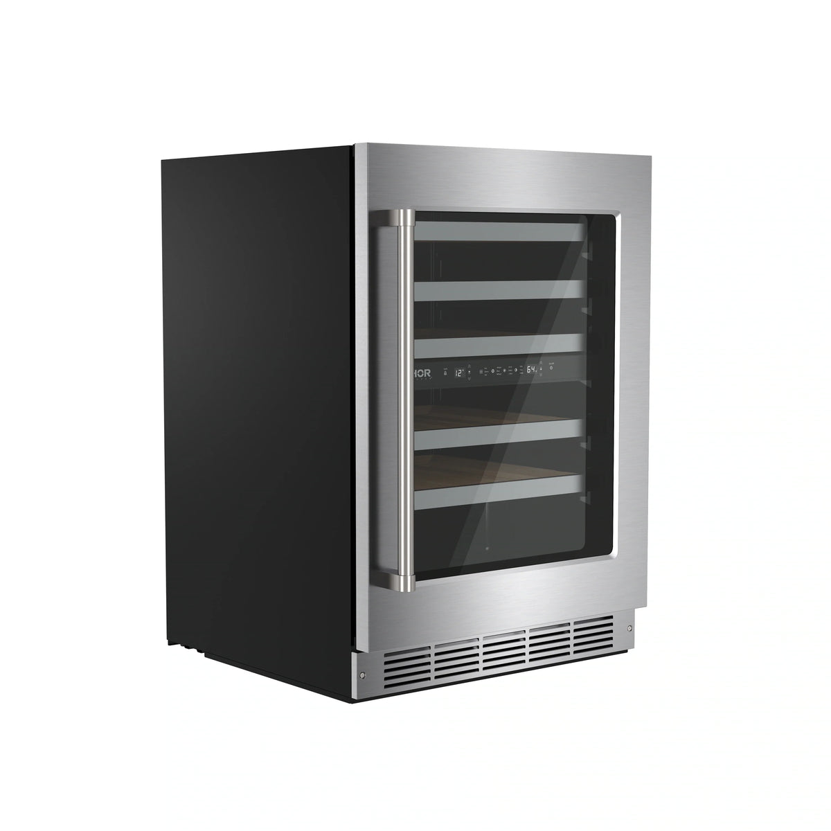 Stainless steel wine cooler with tinted glass door and front ventilation grilles