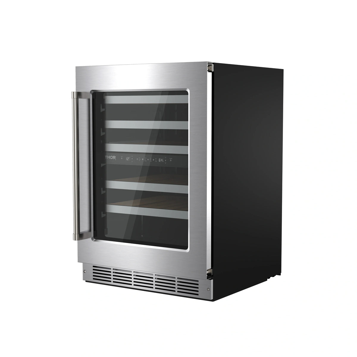 Built-in wine cooler with glass door and stainless steel frame