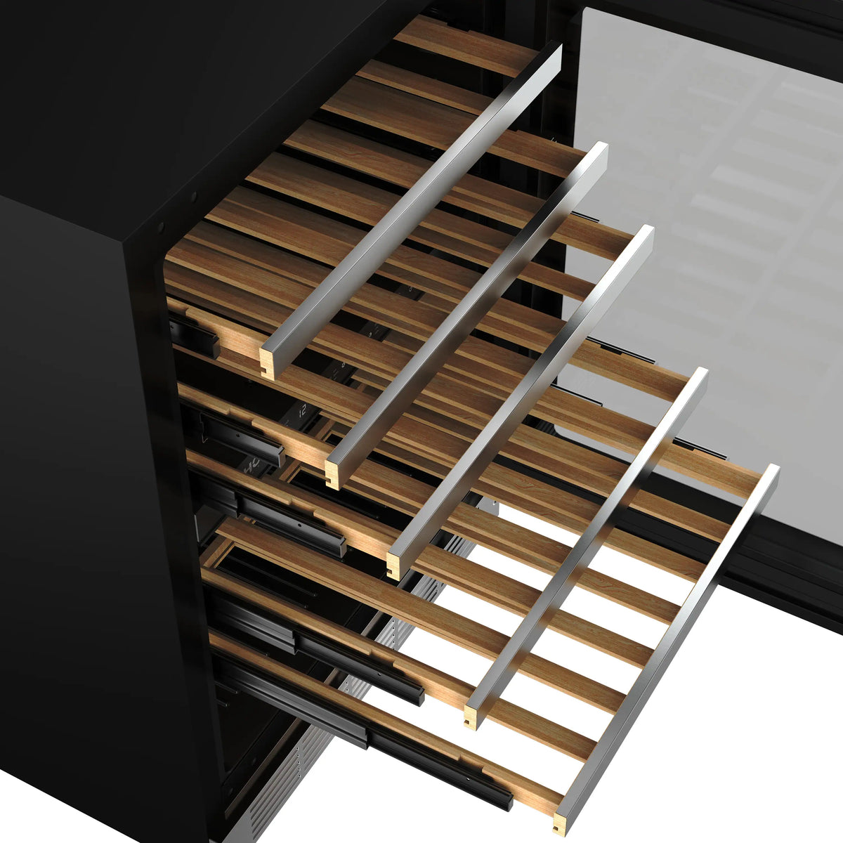 Wine cooler interior with wooden slide-out racks and metal rails.