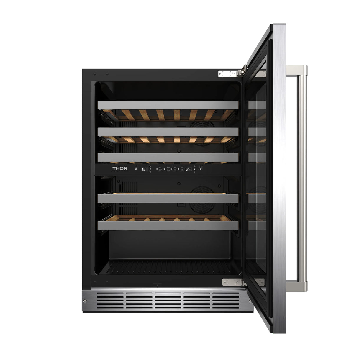 Wine cooler interior with door open, wooden shelves, black liner, and front control panel.