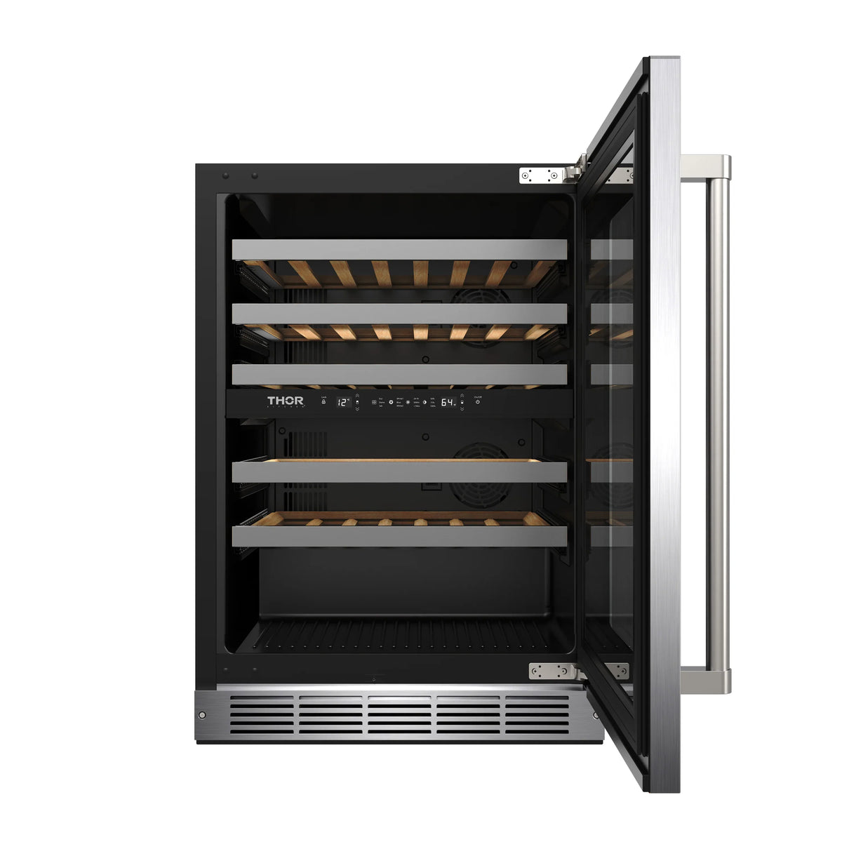 Built-in wine cooler with open door, black interior, stainless frame, illuminated wooden shelves
