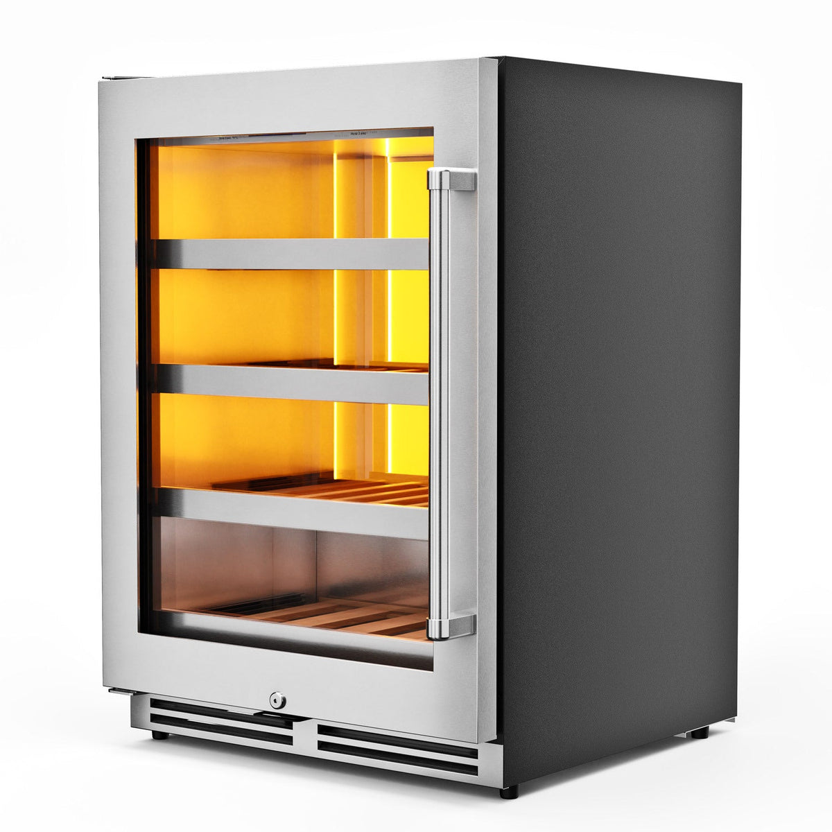 Stainless steel under-counter wine cooler with open door and lit glass interior