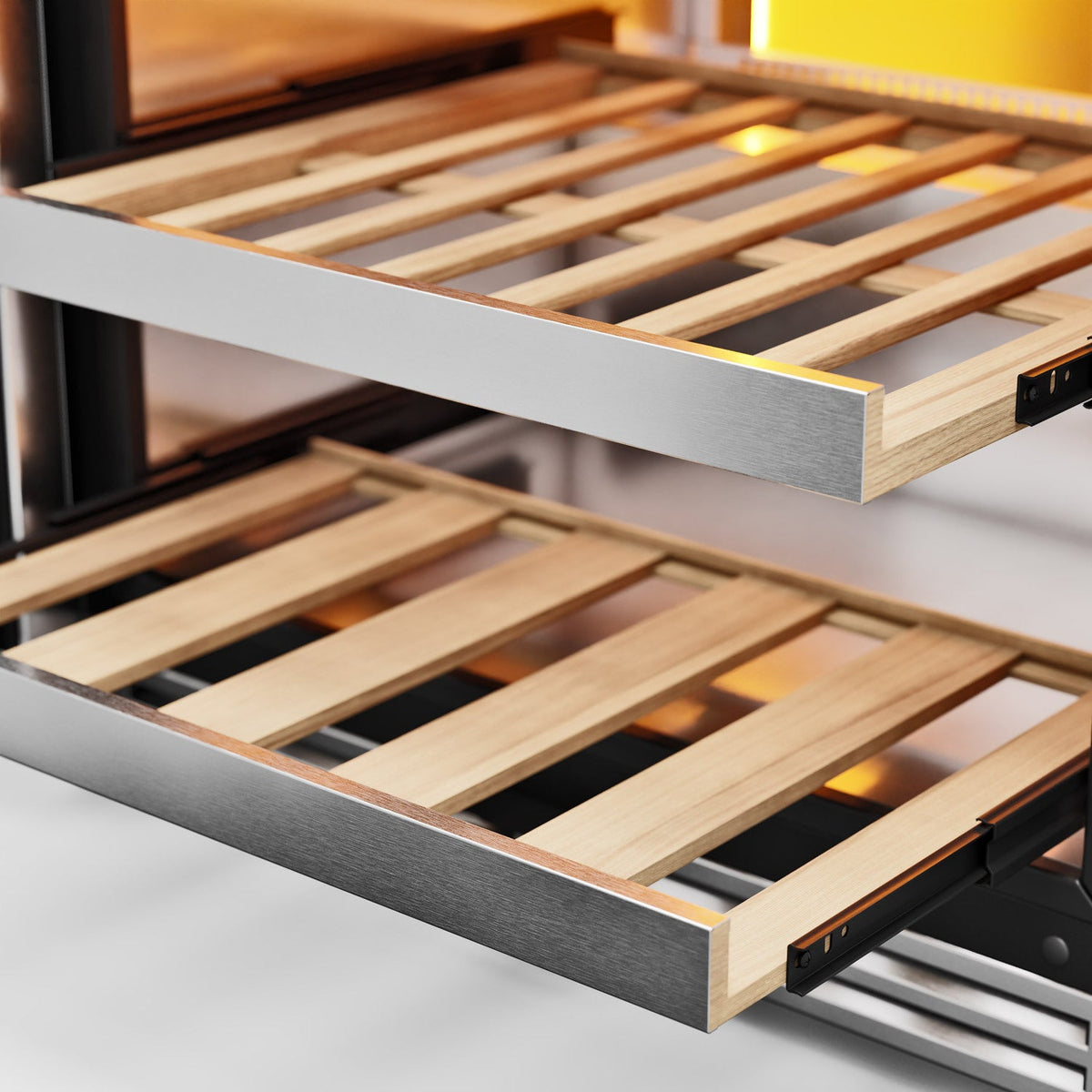 Wine cooler slide-out rack with light wood slats and metal frame, close-up