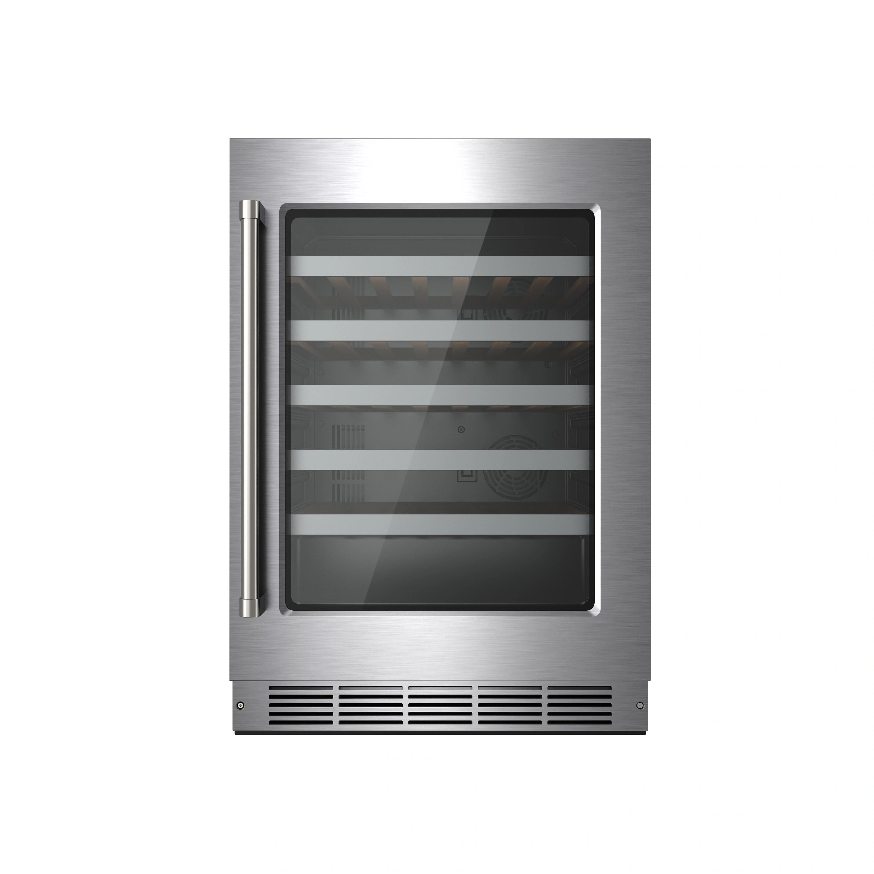Stainless steel wine cooler with tinted glass door and horizontal storage shelves.