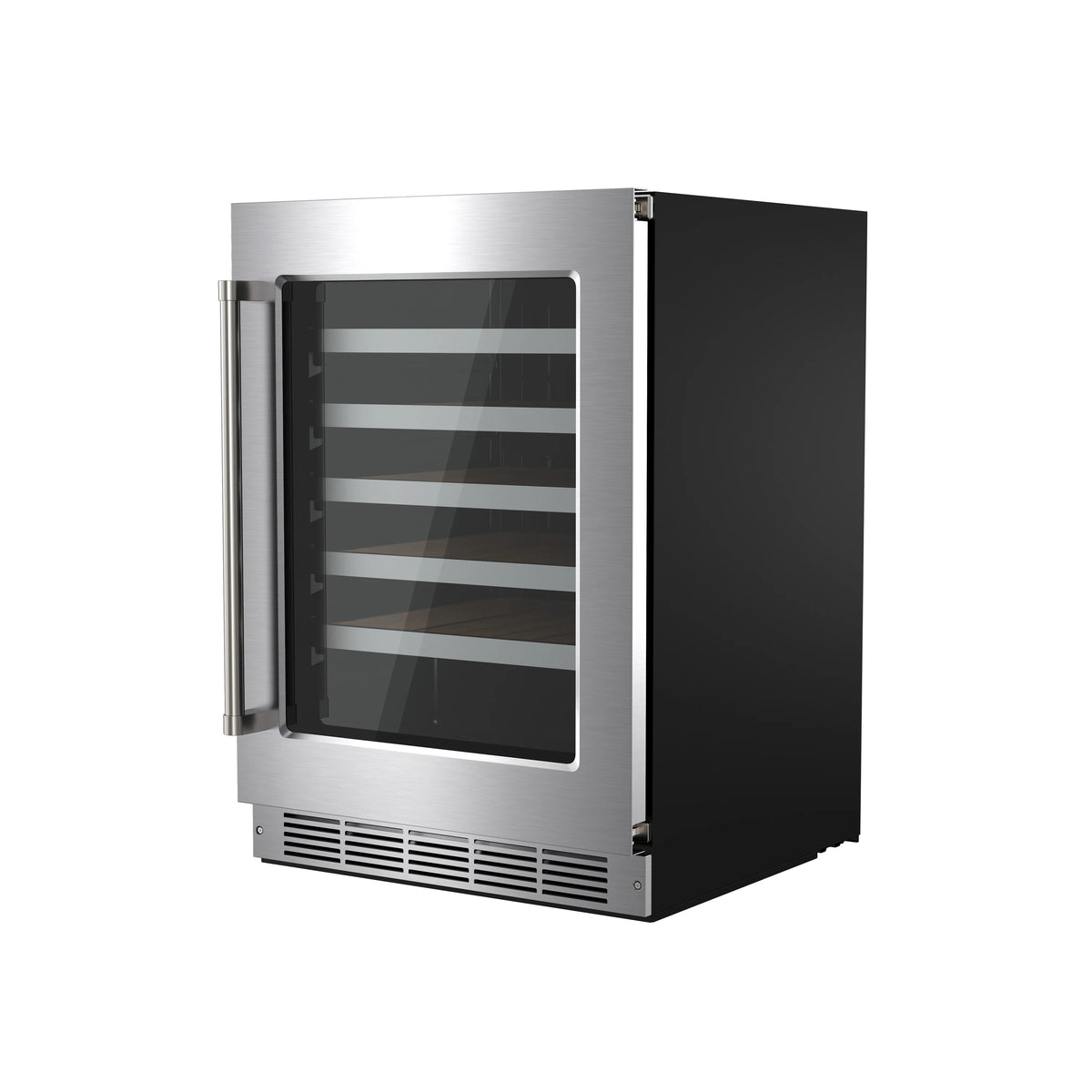 Stainless steel single-zone undercounter wine cooler with glass door and black cabinet.