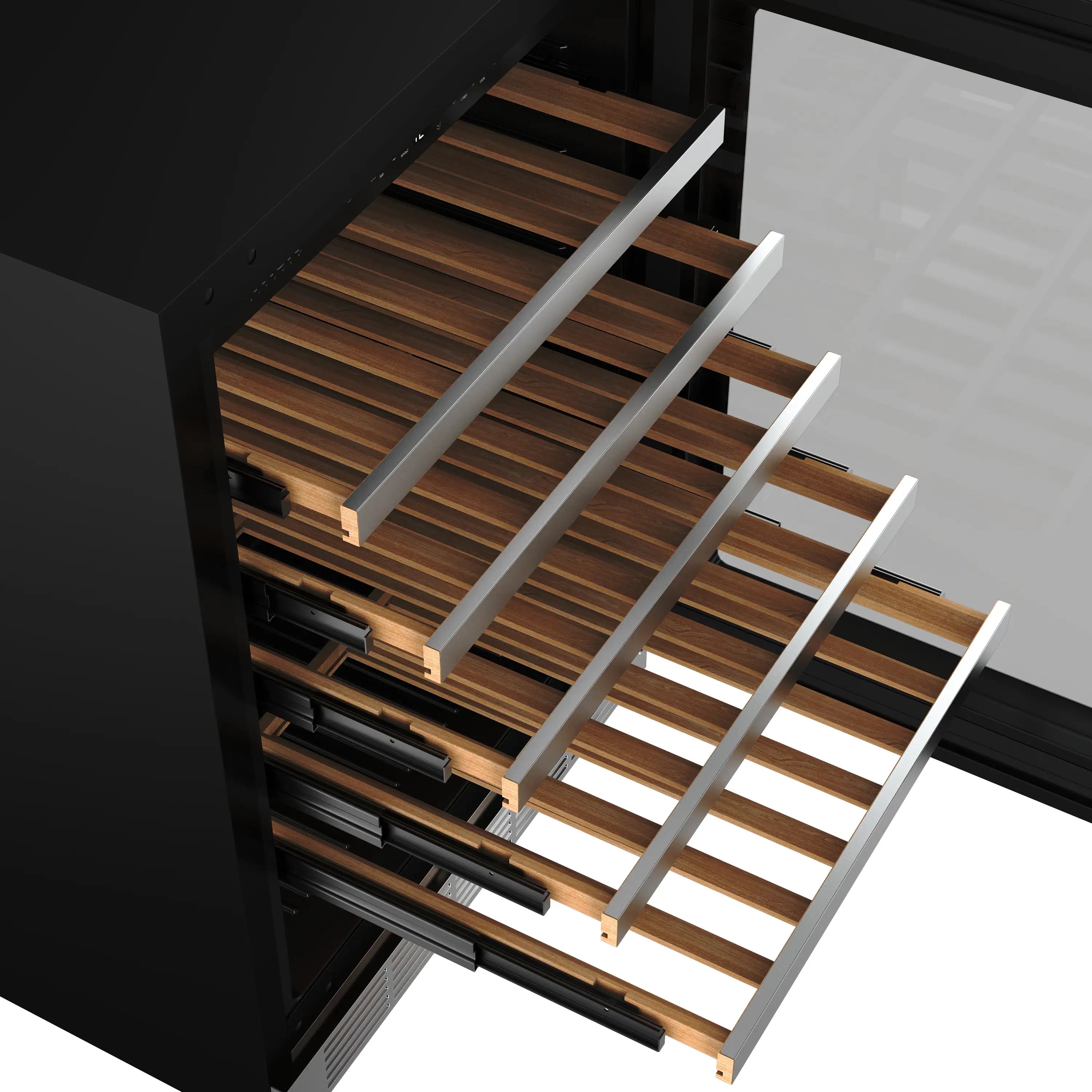 Open wine cooler showing stacked wooden shelves for bottles with side rails.