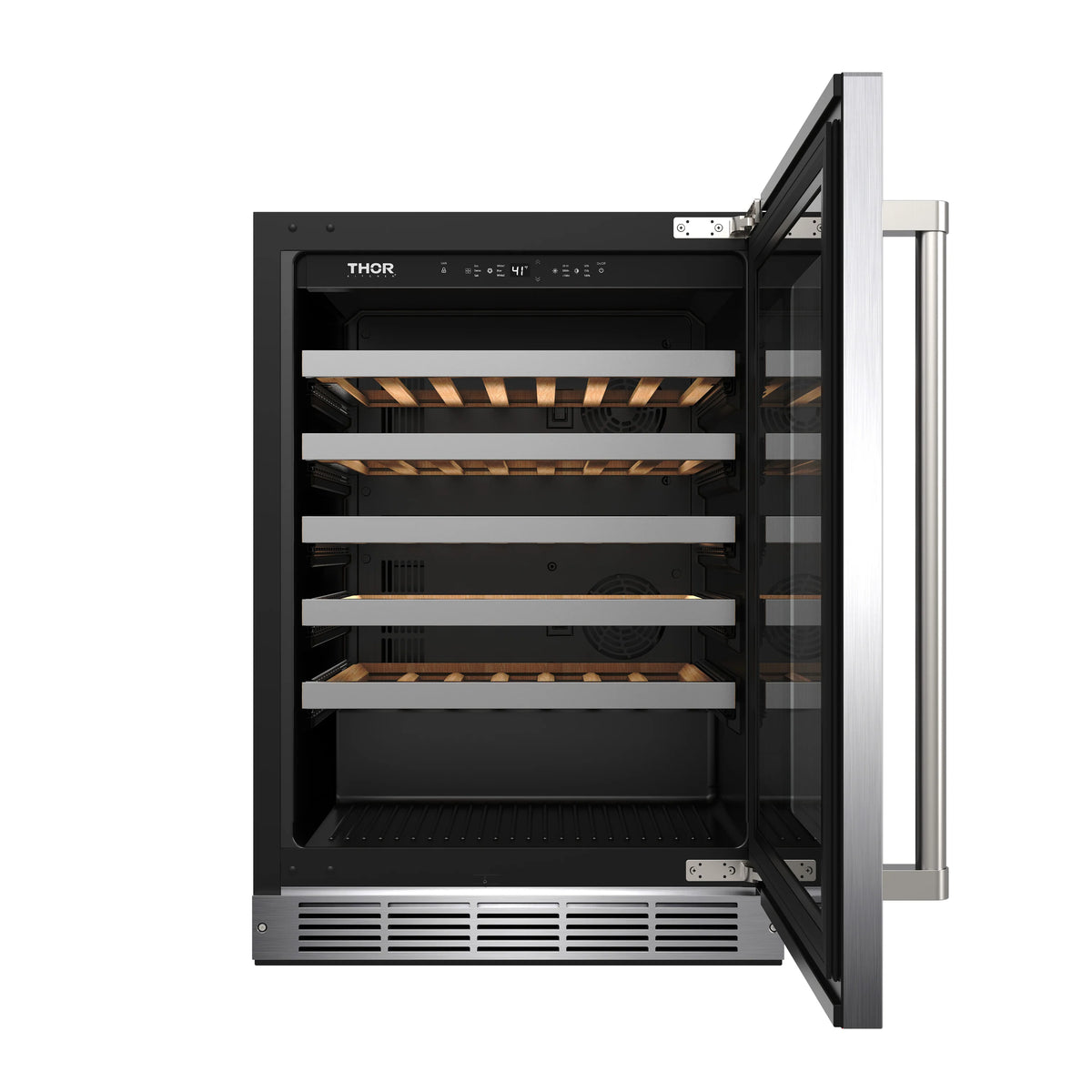 Black wine cooler interior with wooden racks and open door display.