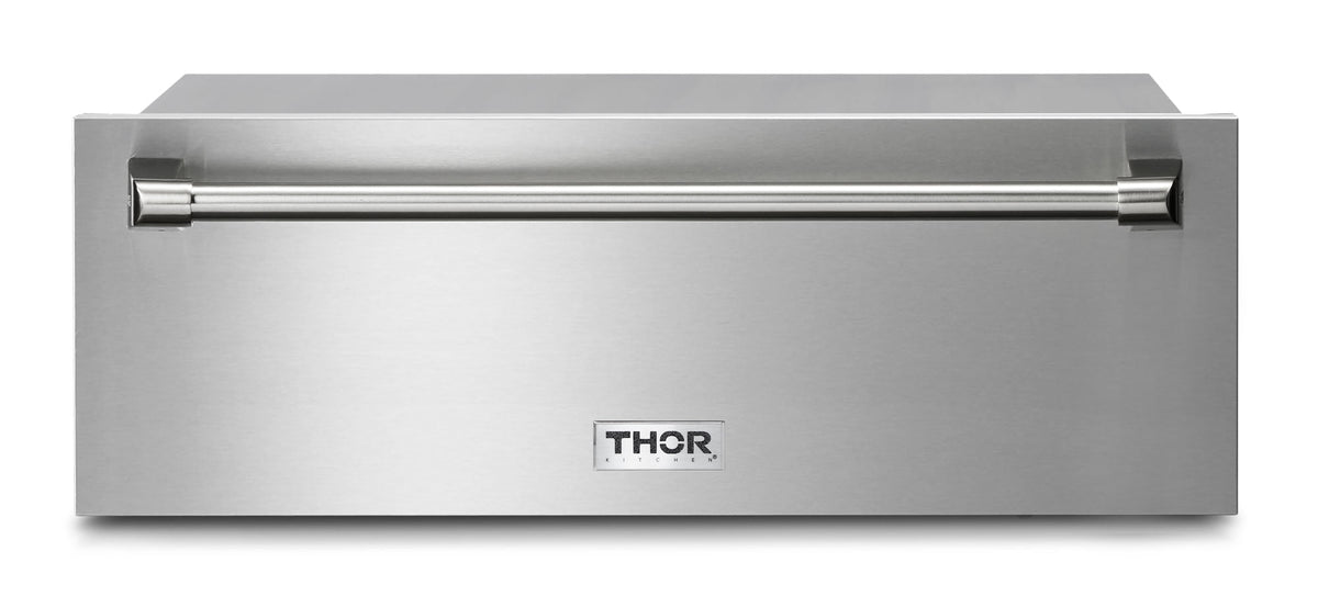 Stainless steel warming drawer with horizontal bar handle and THOR logo