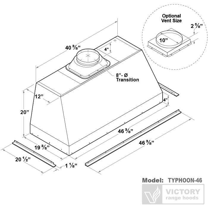 Insert range hood dimension diagram, model Typhoon-46