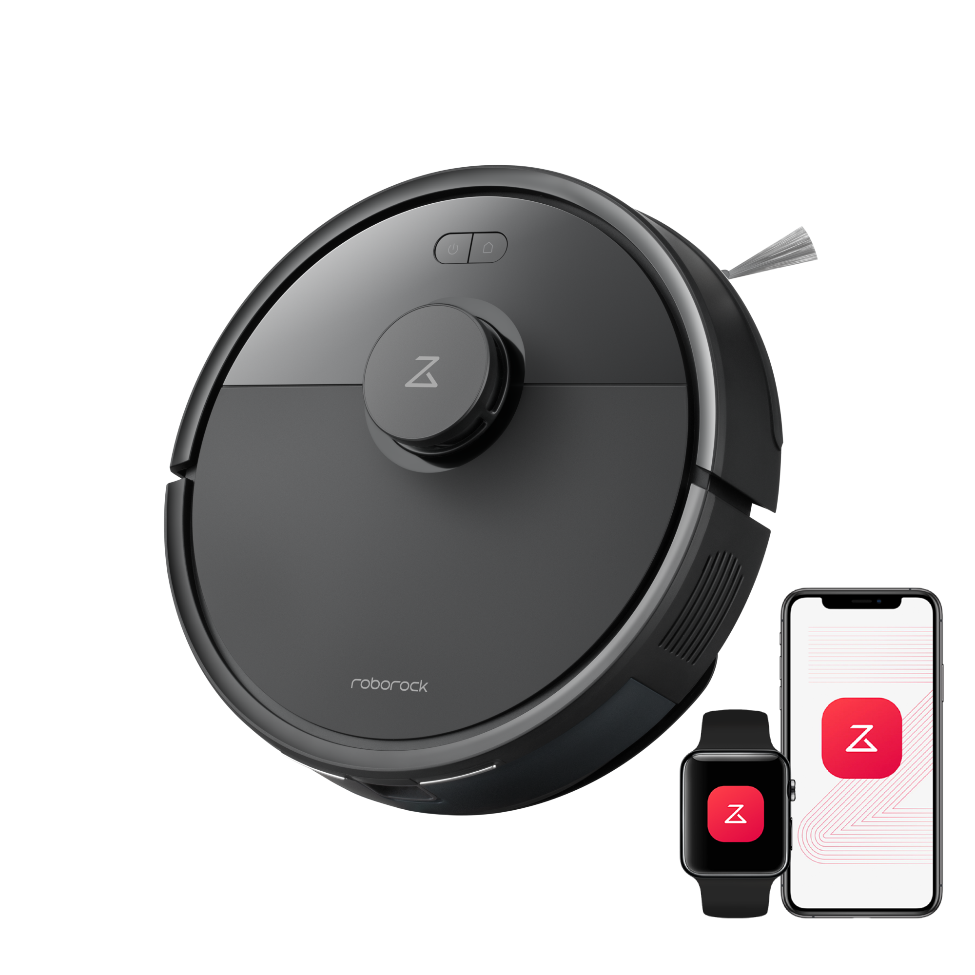 Black robot vacuum cleaner with top control buttons and side brushes