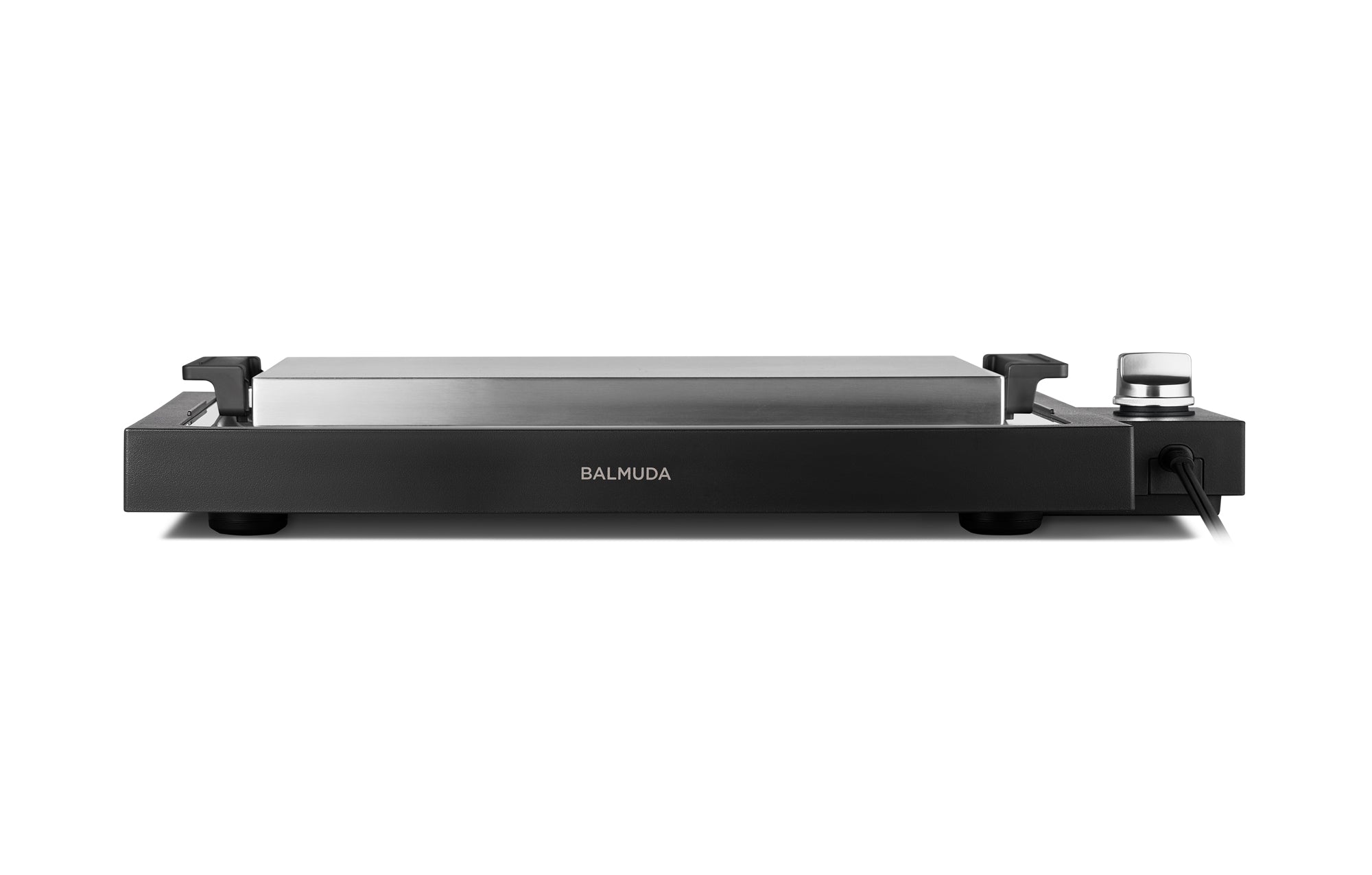 BALMUDA black teppanyaki hot plate side view with knob control and power cord