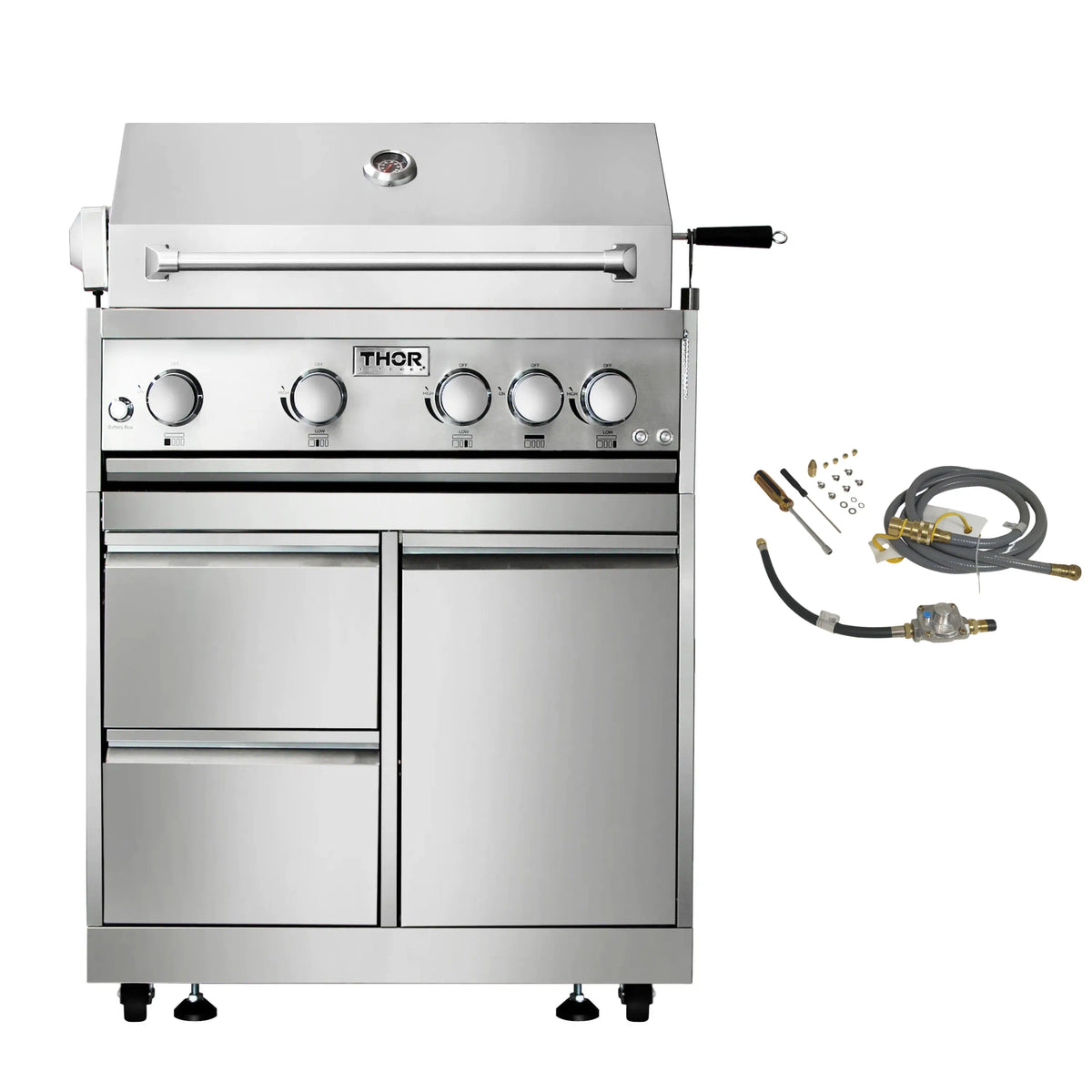 Thor 32-inch freestanding natural gas grill, stainless steel with control knobs and side burner