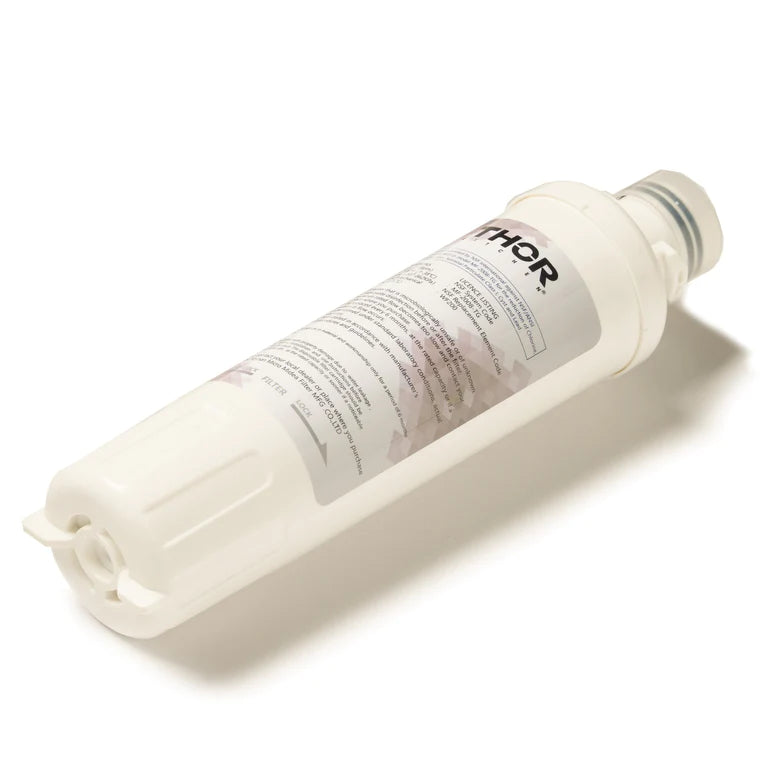 Thor Kitchen water filter cartridge, white with printed label and connector ends