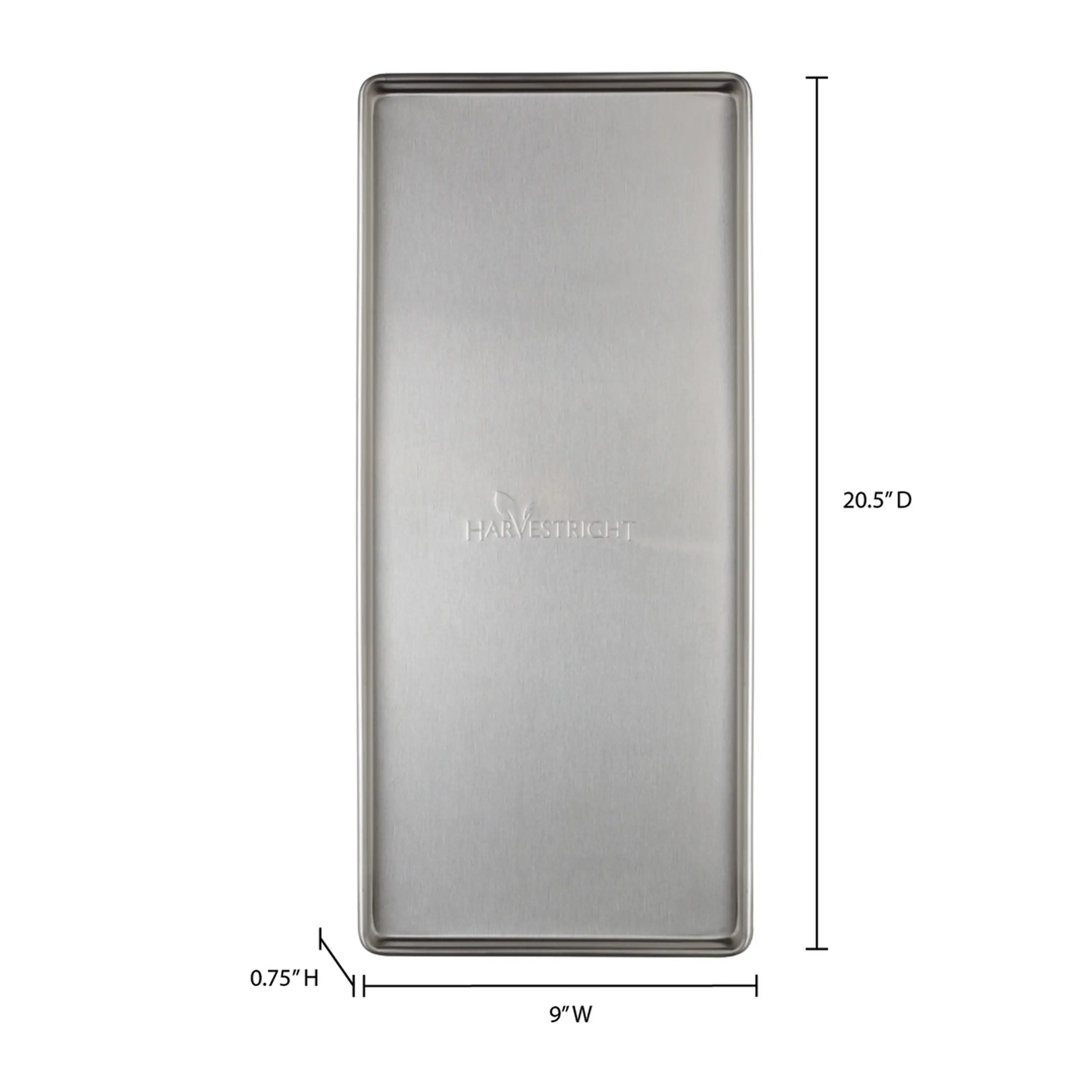 Silver freeze dryer tray, rectangle shape with Harvest Right logo and size guide