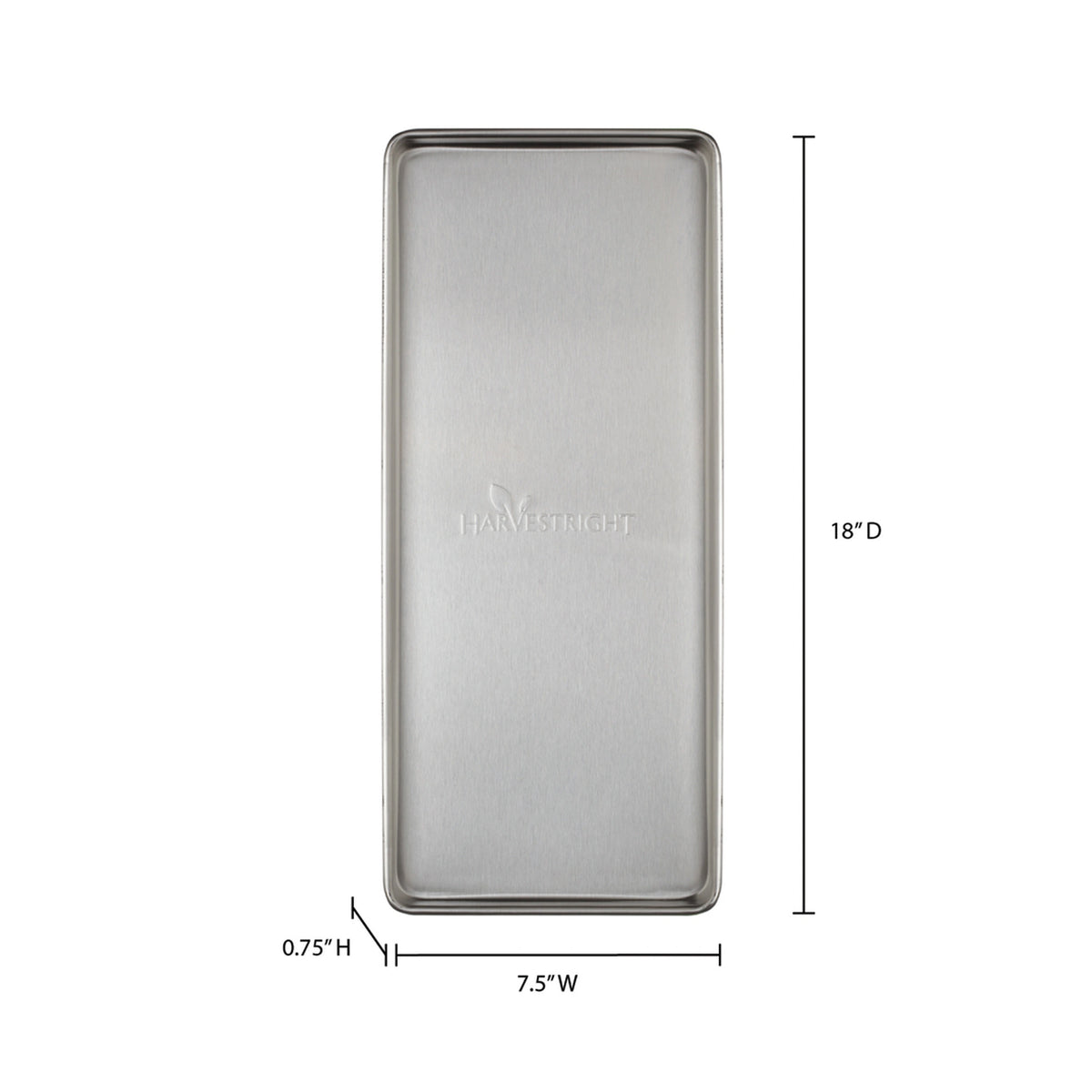 Freeze dryer tray dimensions view: rectangular tray with metal rim, 7.5W x 18D