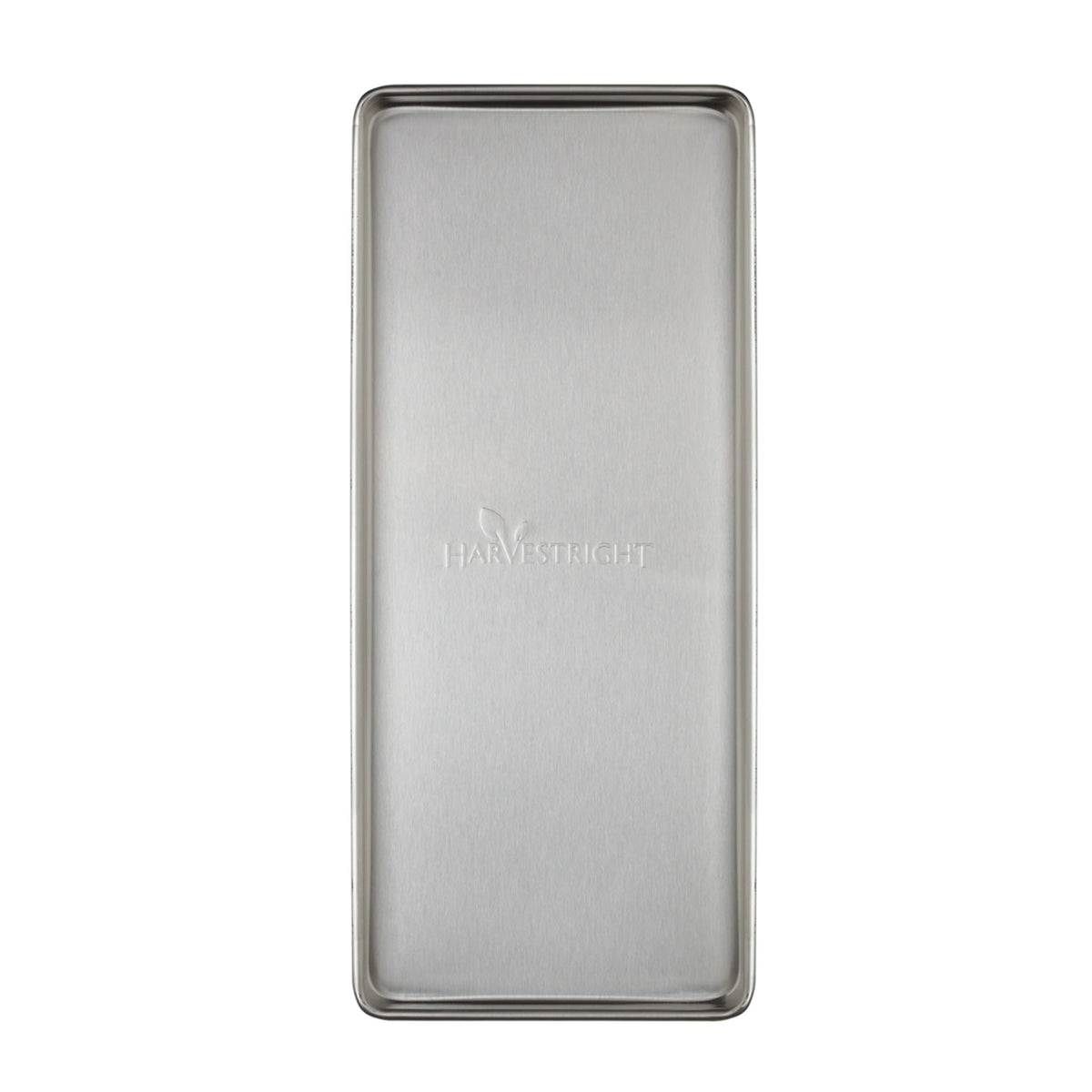 Rectangular freeze dryer tray with clear silver tone interior and metal edge