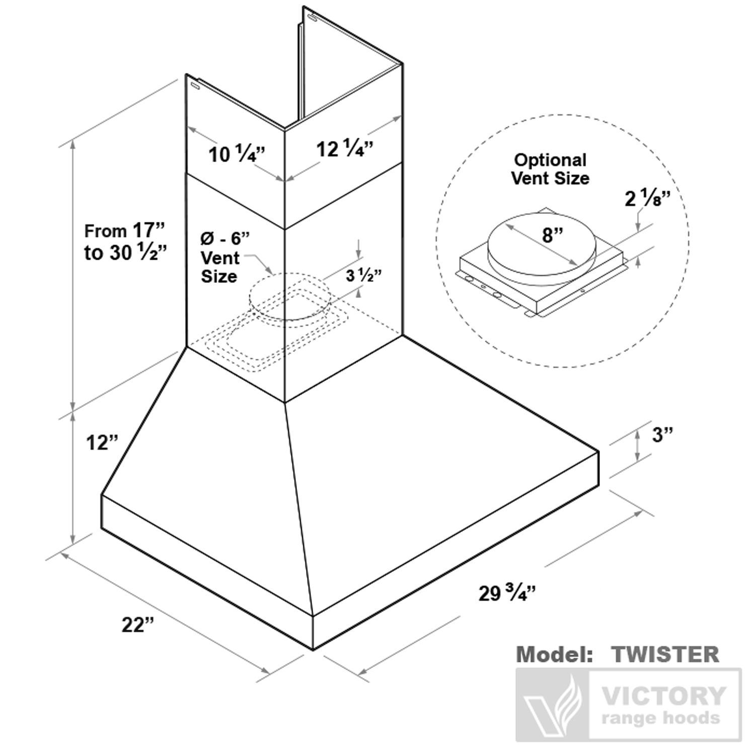 Range hood installation dimension diagram with rectangular duct opening