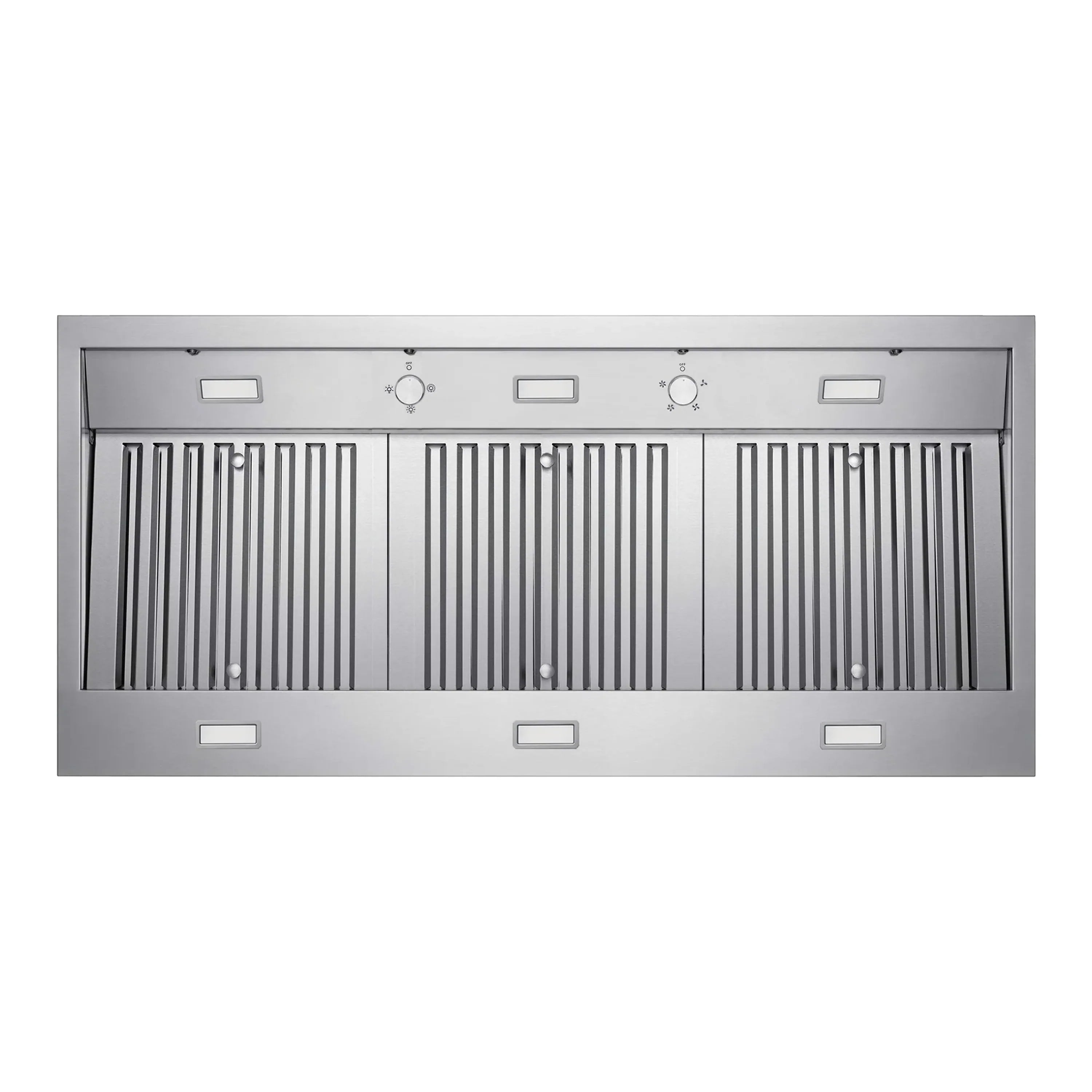 Stainless steel range hood with front grille, baffle filters, and control buttons