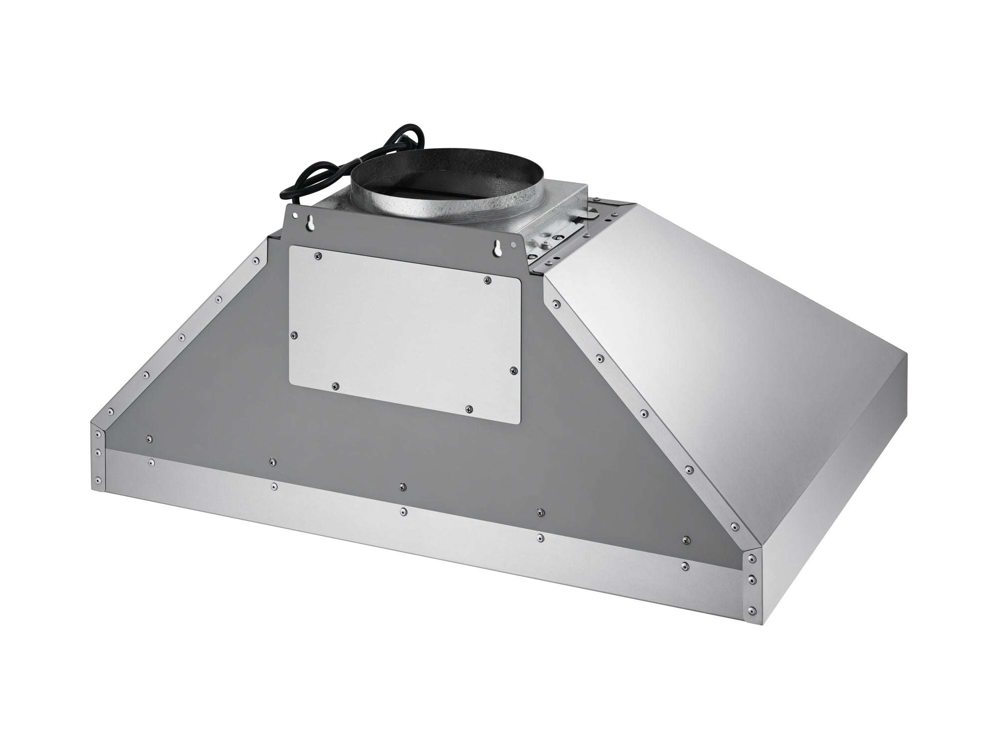Stainless steel range hood blower housing with duct opening and hanging loop