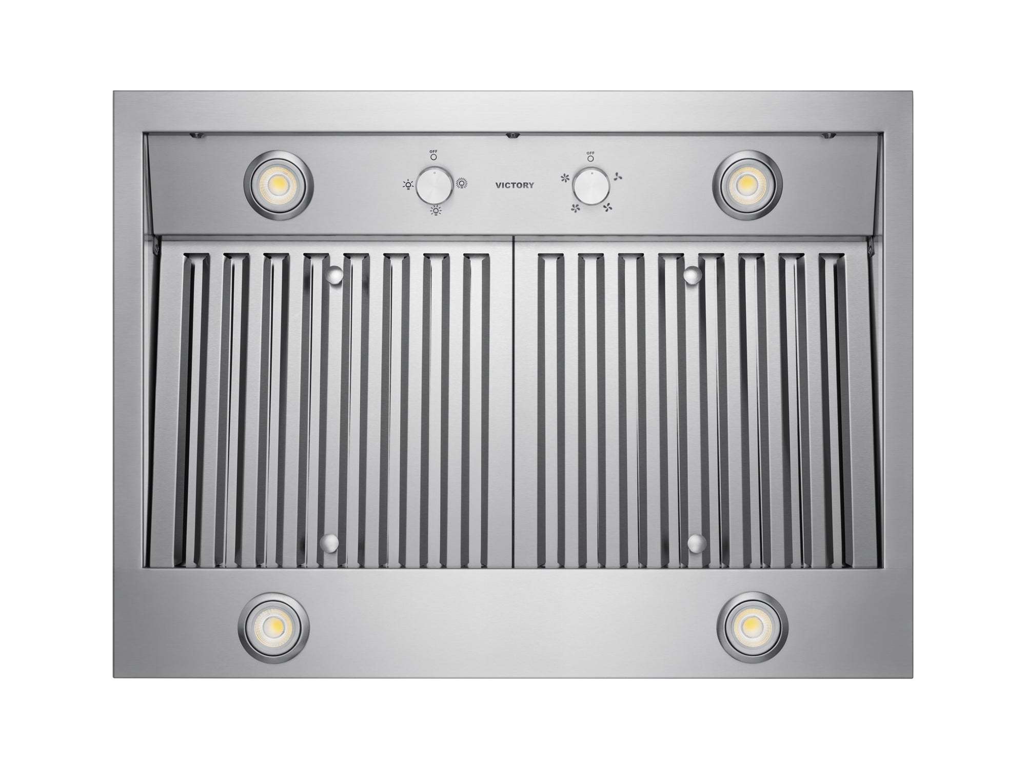 Stainless steel range hood exterior with baffle filter panel and four circular lights
