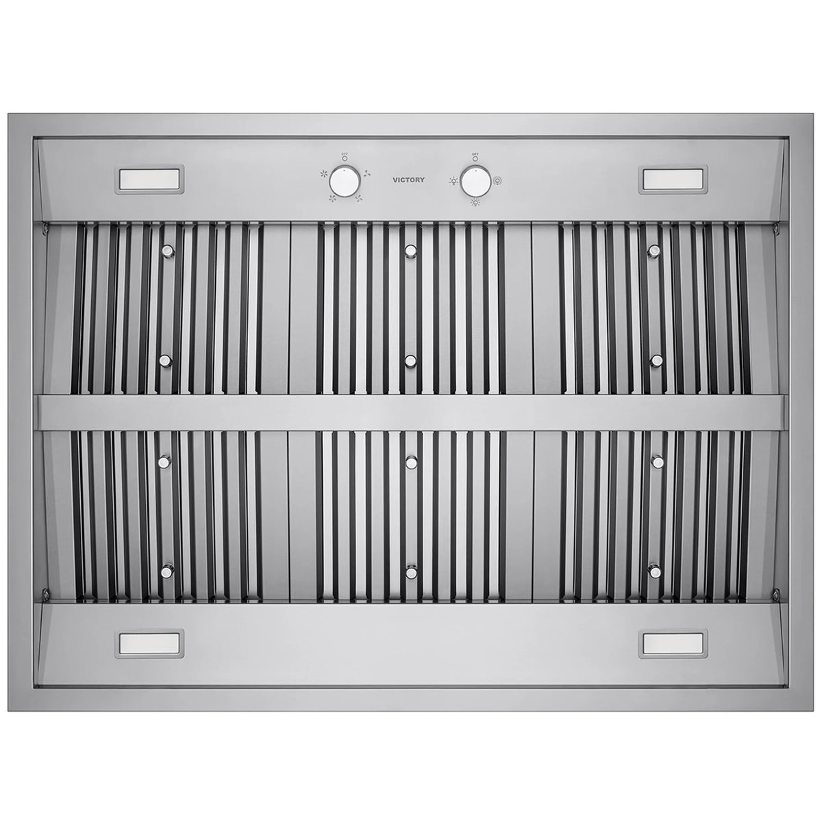 Stainless steel island range hood front with baffle filters and rotary speed controls