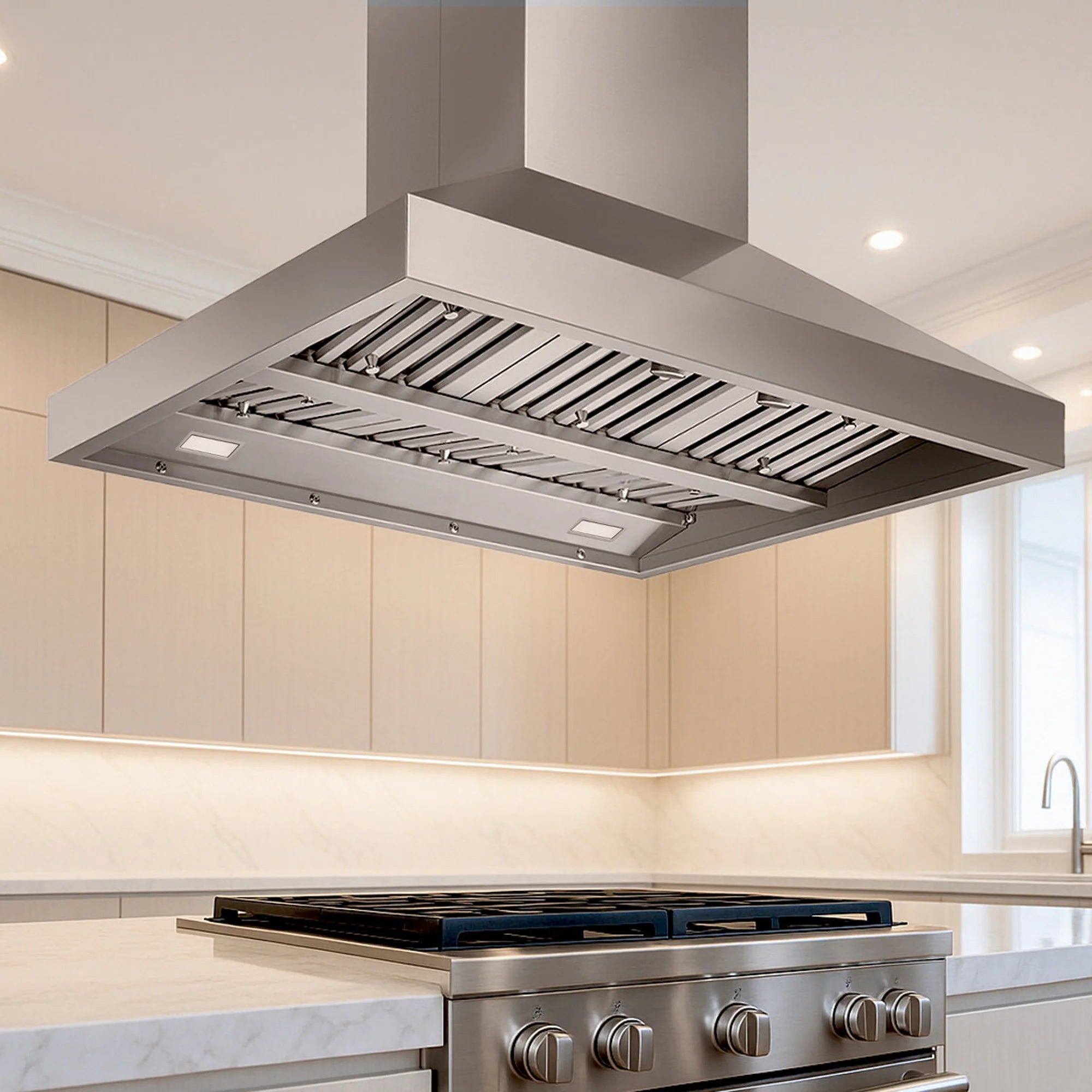 Stainless steel island range hood over a kitchen cooktop with baffle filters