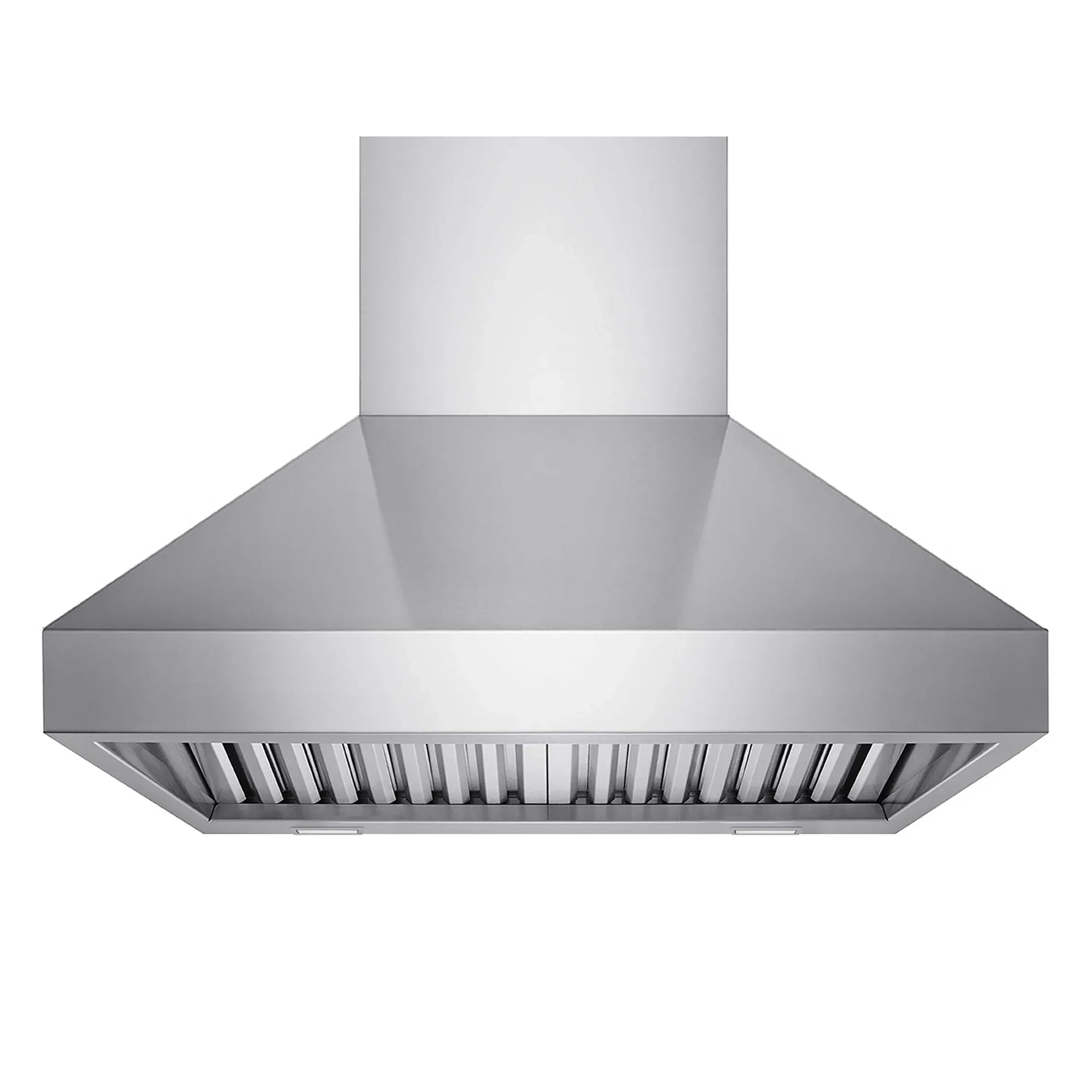 Stainless wall-mount range hood canopy with vent filter grille and smooth chimney