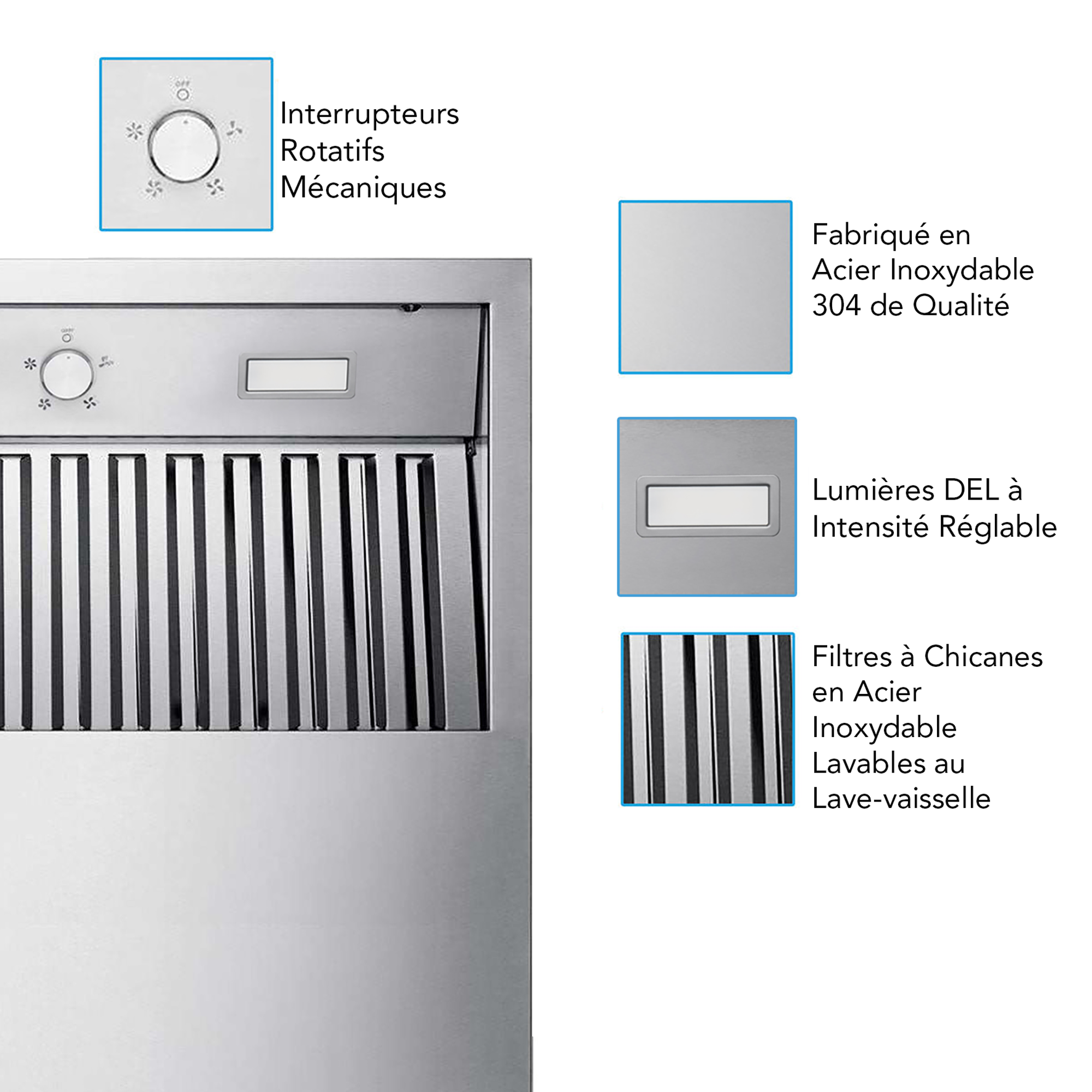 Wall-mount outdoor range hood control panel with rotary dials and rectangular light window.