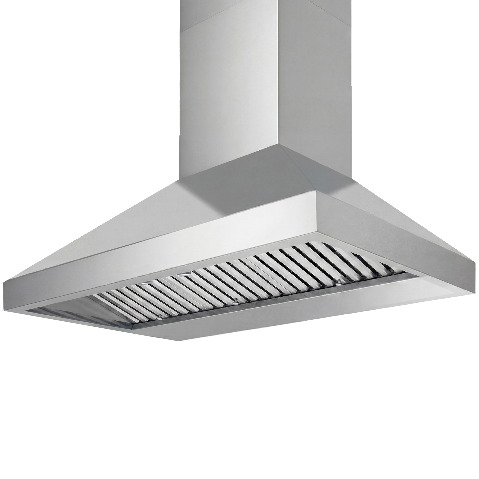 Wall-mount range hood with stainless baffle filters and chimney-style canopy.