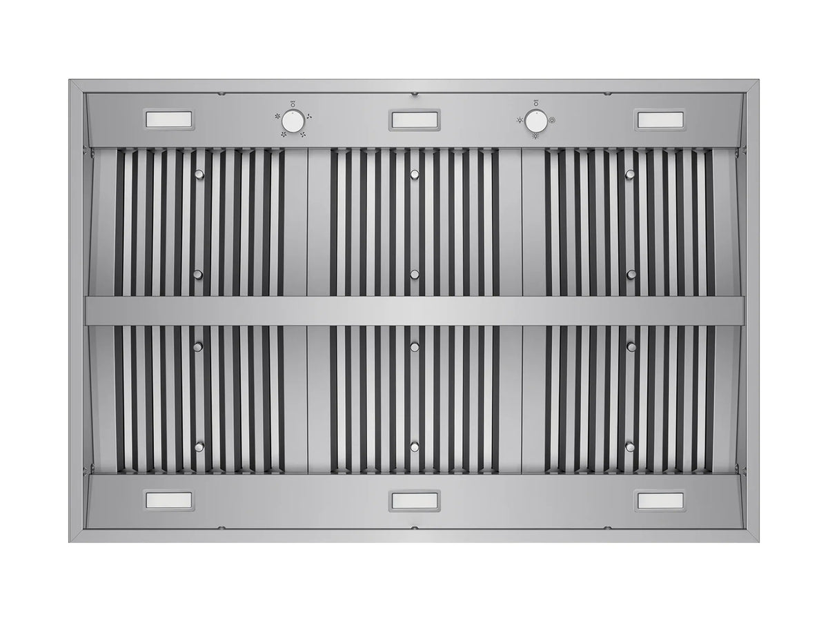 Range hood interior with two rows of baffle filters and stainless steel mounting frame