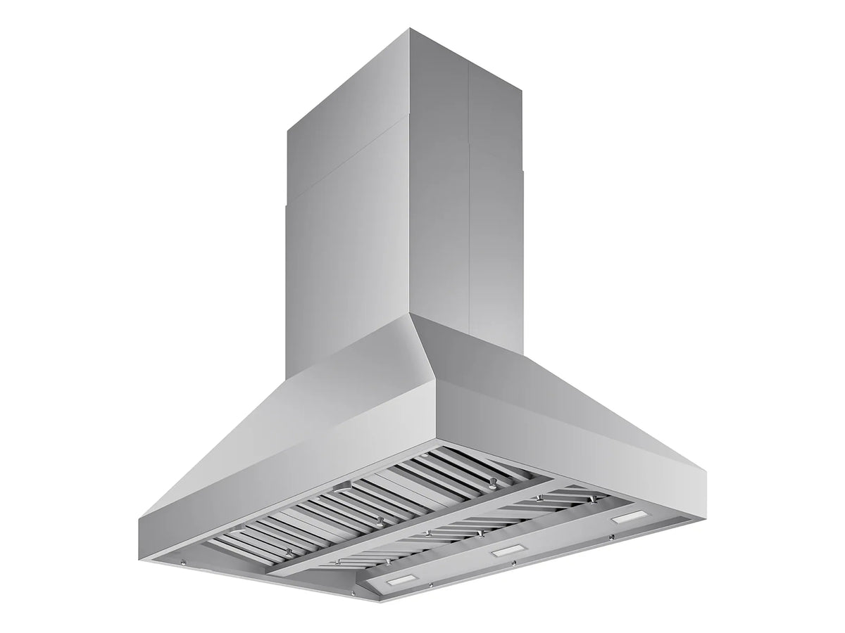 Stainless steel island range hood underside with removable filter grates and vent panel