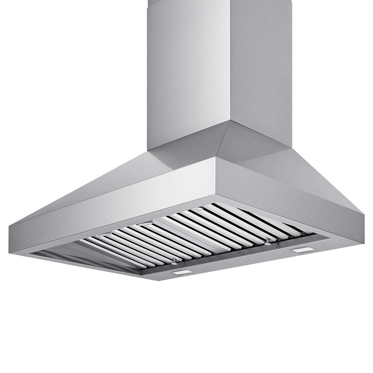 Stainless steel corner range hood with internal vent grille and baffle