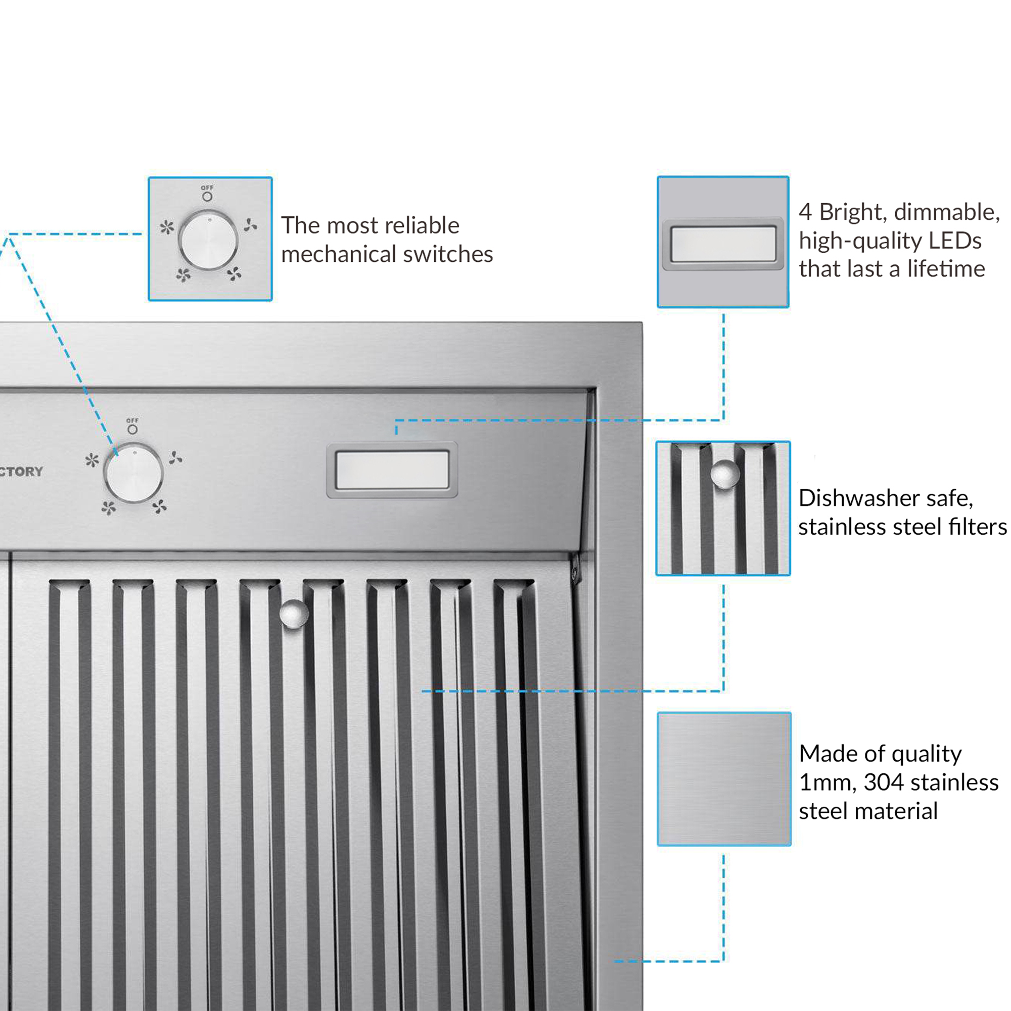 Stainless steel range hood with control dials, LED display, and stainless filter