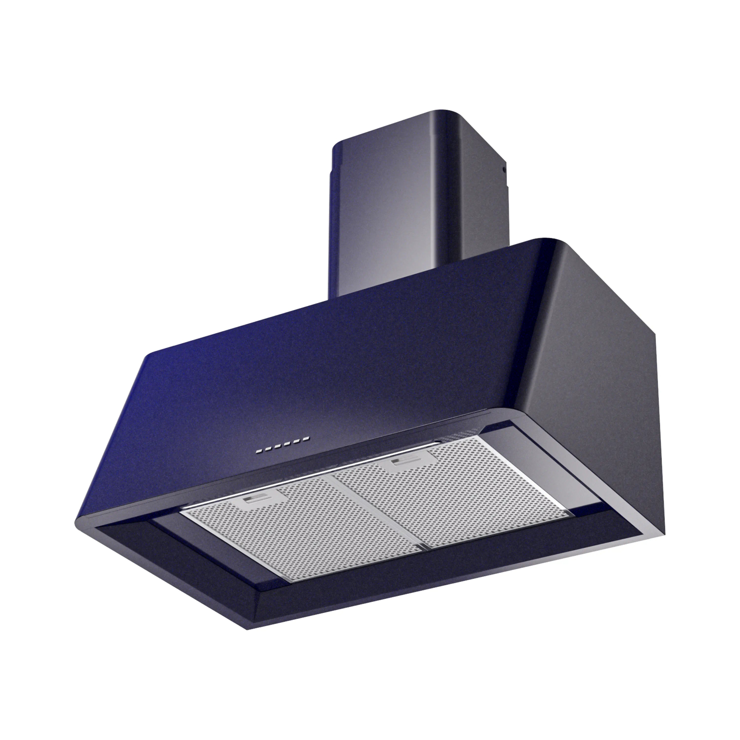Midnight blue wall-mounted range hood with mesh filter tray visible and chimney body
