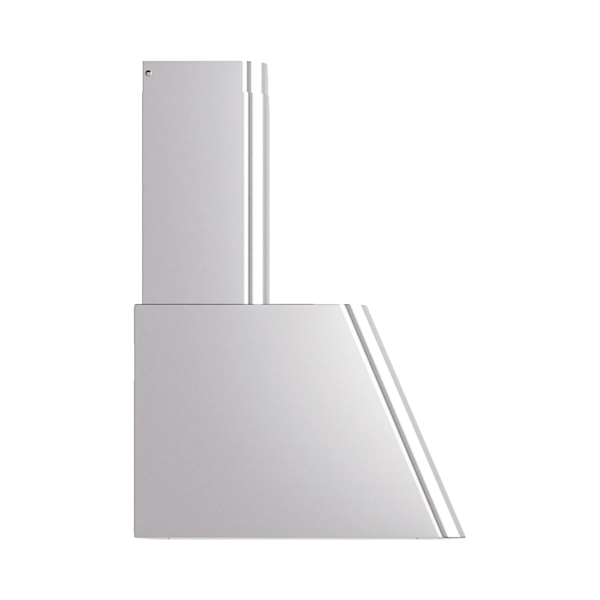 Stainless steel wall range hood angled view with chimney and slanted front housing