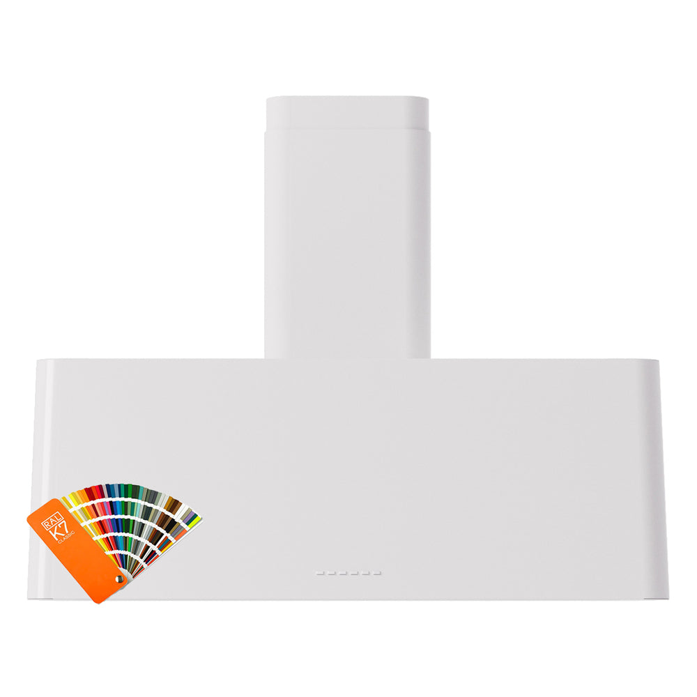 White wall-mounted range hood with chimney-style stack and central control panel