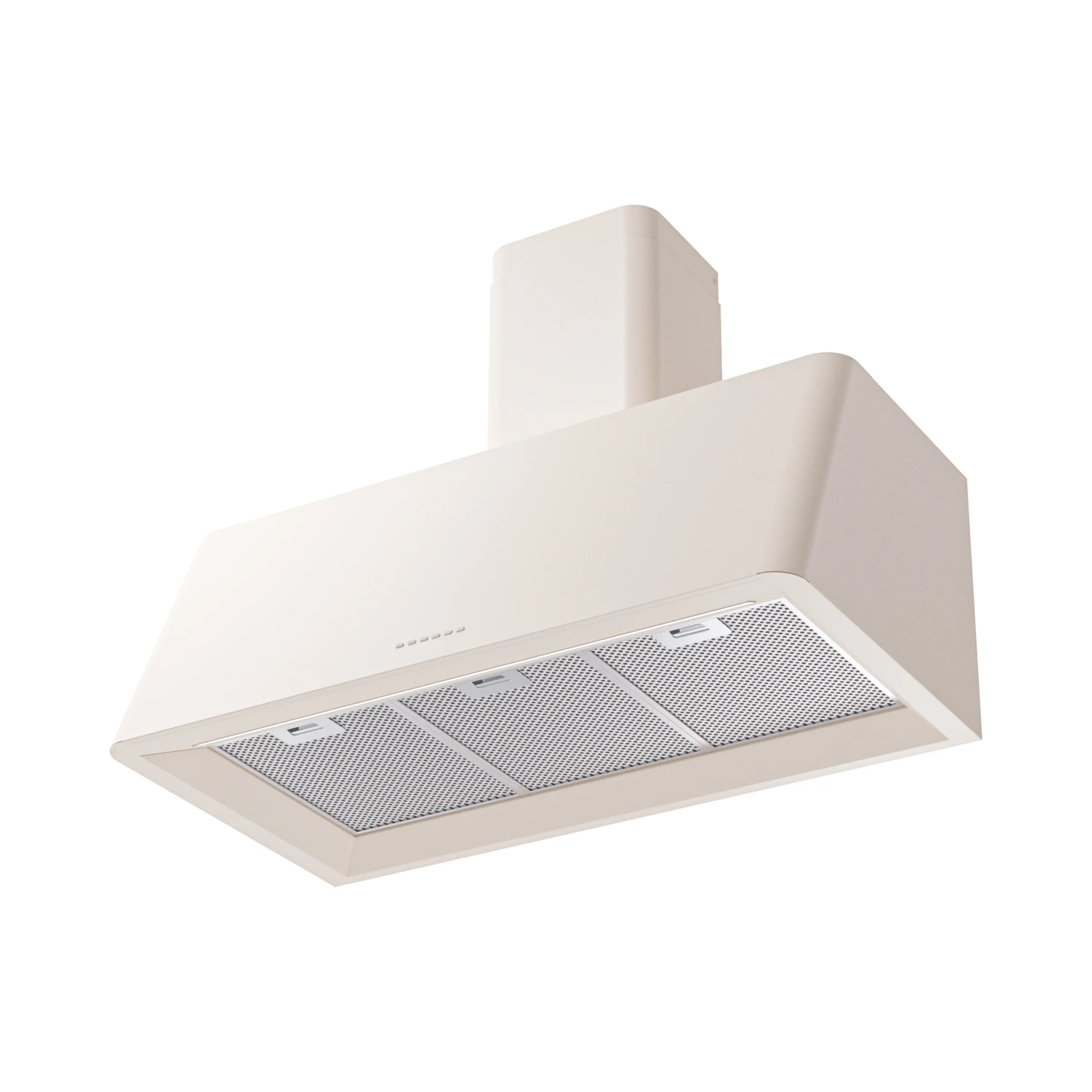 Antique white wall range hood with two mesh filters under the canopy
