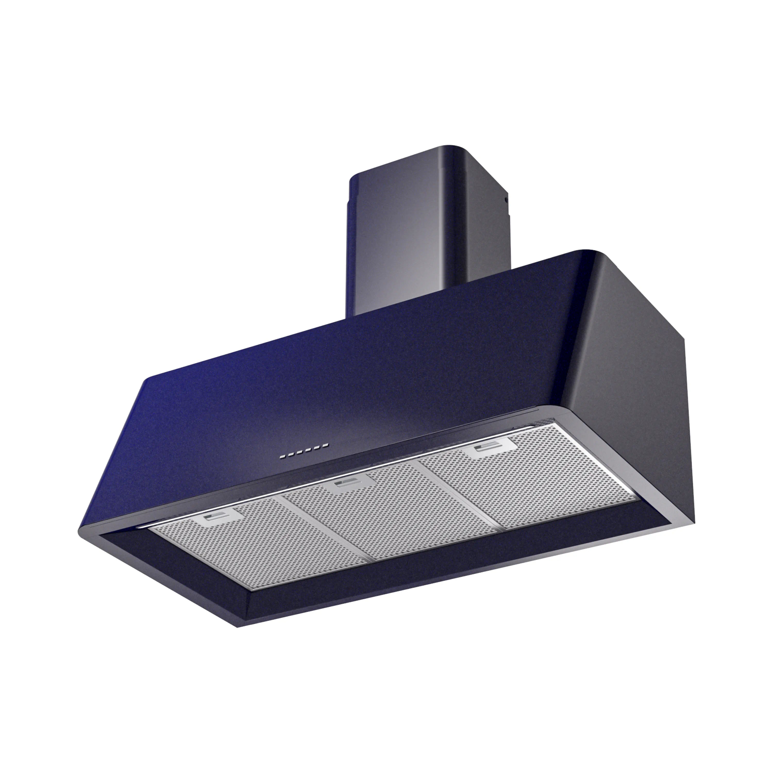Midnight blue wall-mounted range hood with stainless mesh filter panels and chimney