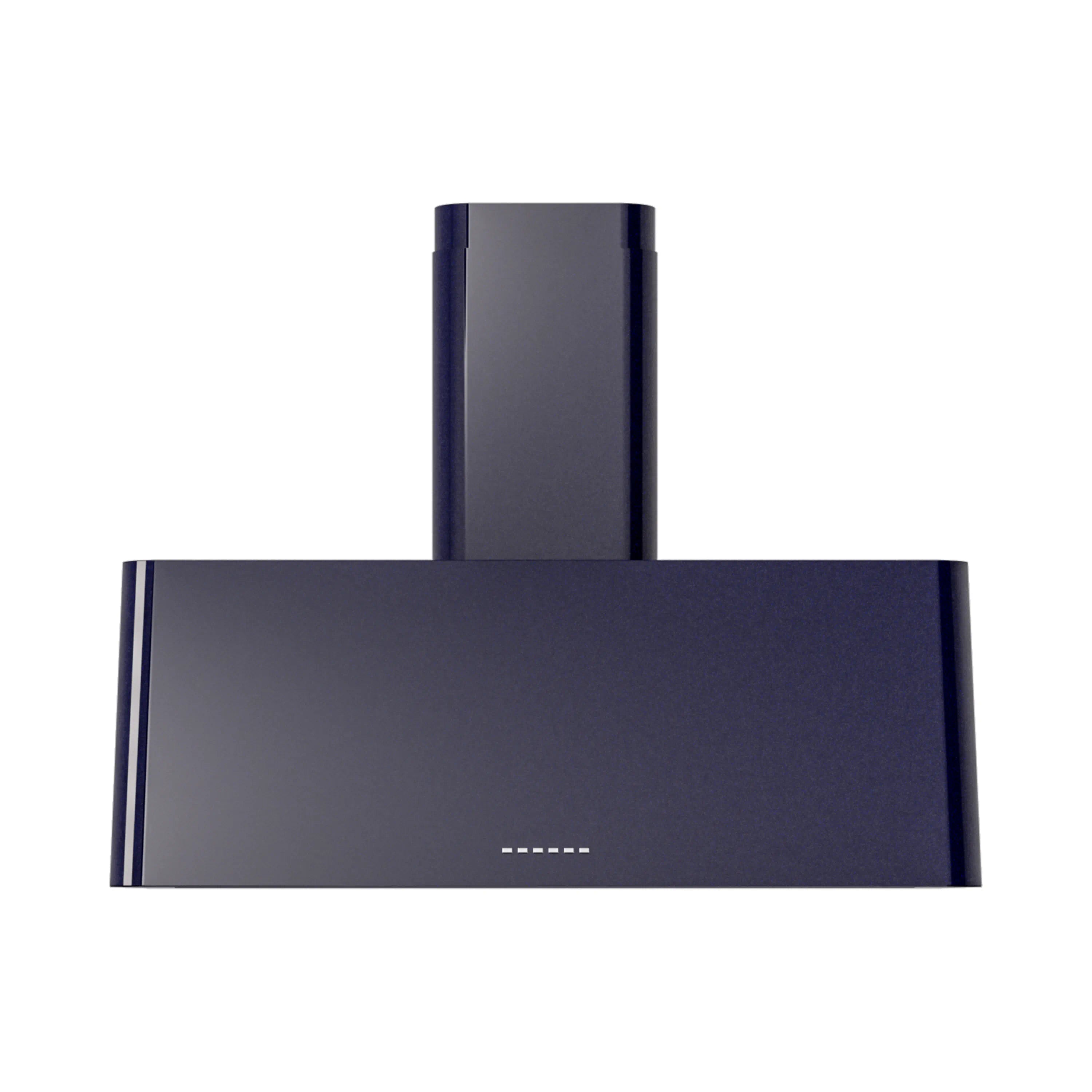 Midnight blue wall-mounted range hood with centered chimney and stainless mesh filters