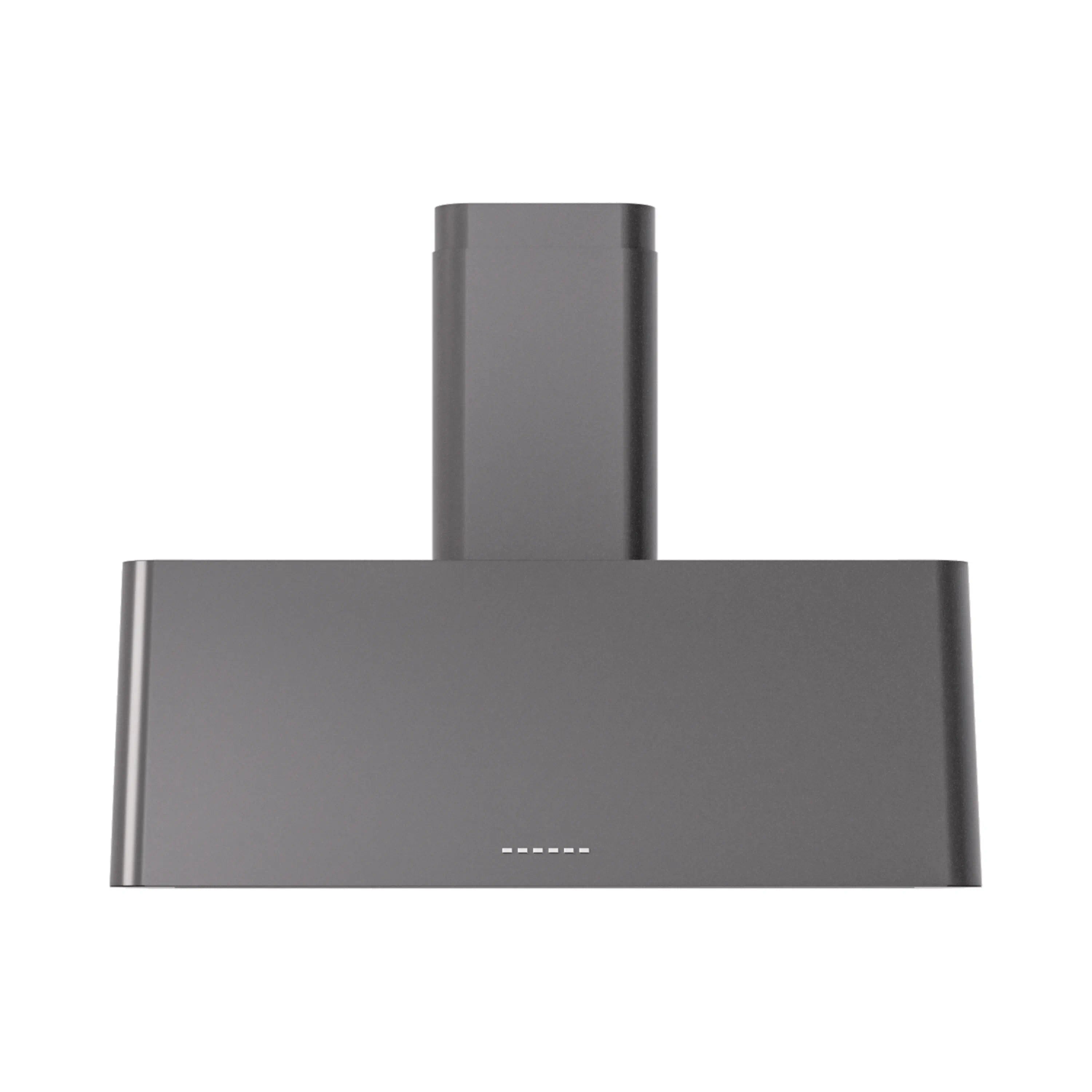 Wall-mounted chimney range hood in matte graphite, front view with control area.